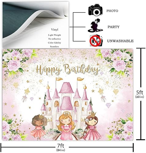 Miniatura 2 de Avezano Telón de fondo de castillo de princesa decoración de fiesta de cumpleaños con flores rosas para niñas dulces estrellas doradas con purpurina
