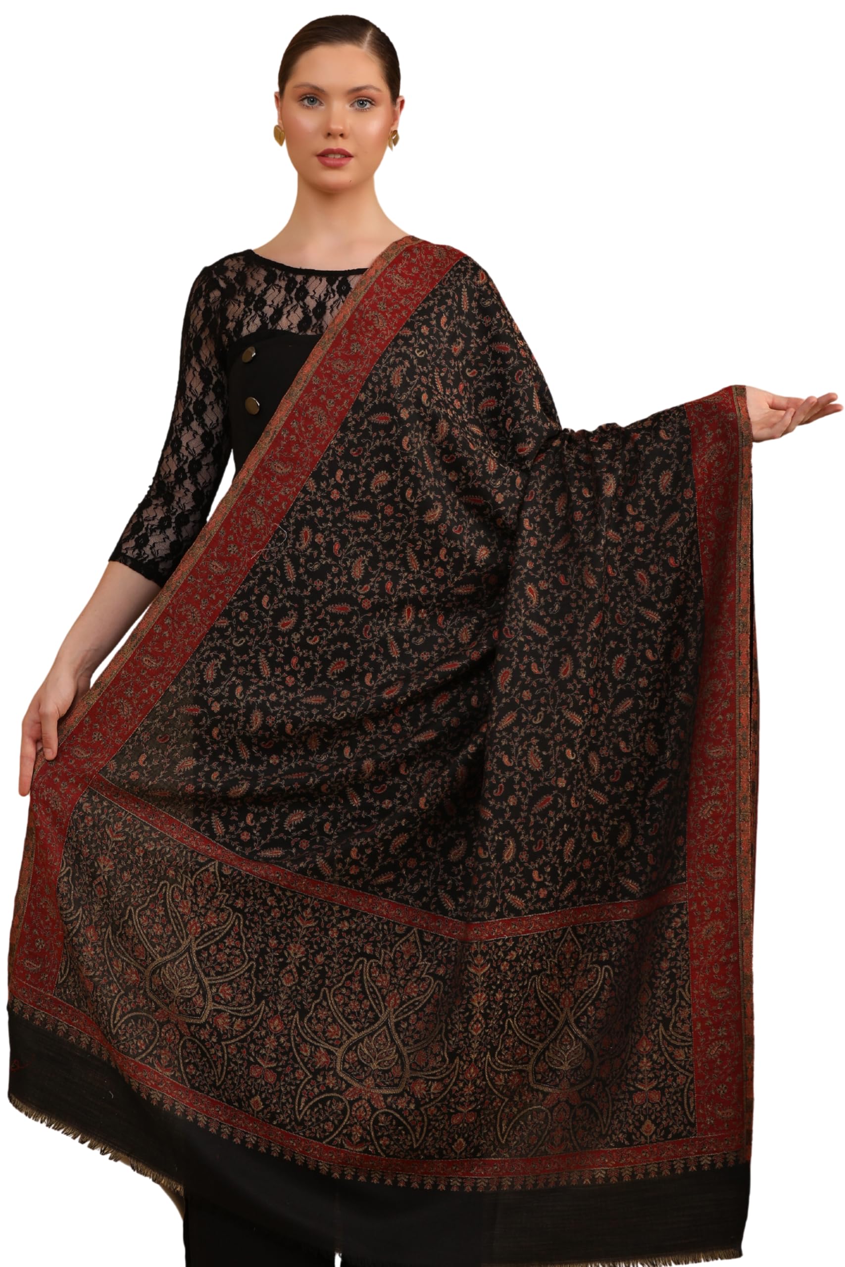 pashtush Womens Faux Pashmina Shawl, Ethnic Weave With Zari Design, Black-picture-44