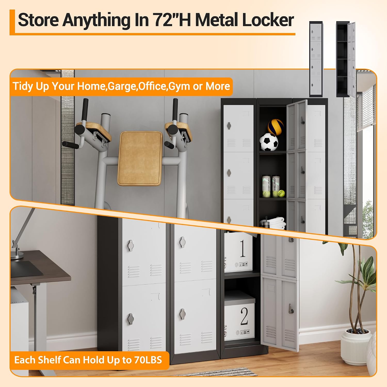 4 Door 72" Tall Single Metal Lockers, Lockers for Employees with Keys, Employee Storage Lockers with Doors, Metal Locker Storage Cabinet，Lockable for School, Gym, Home, Office, Mudroom.