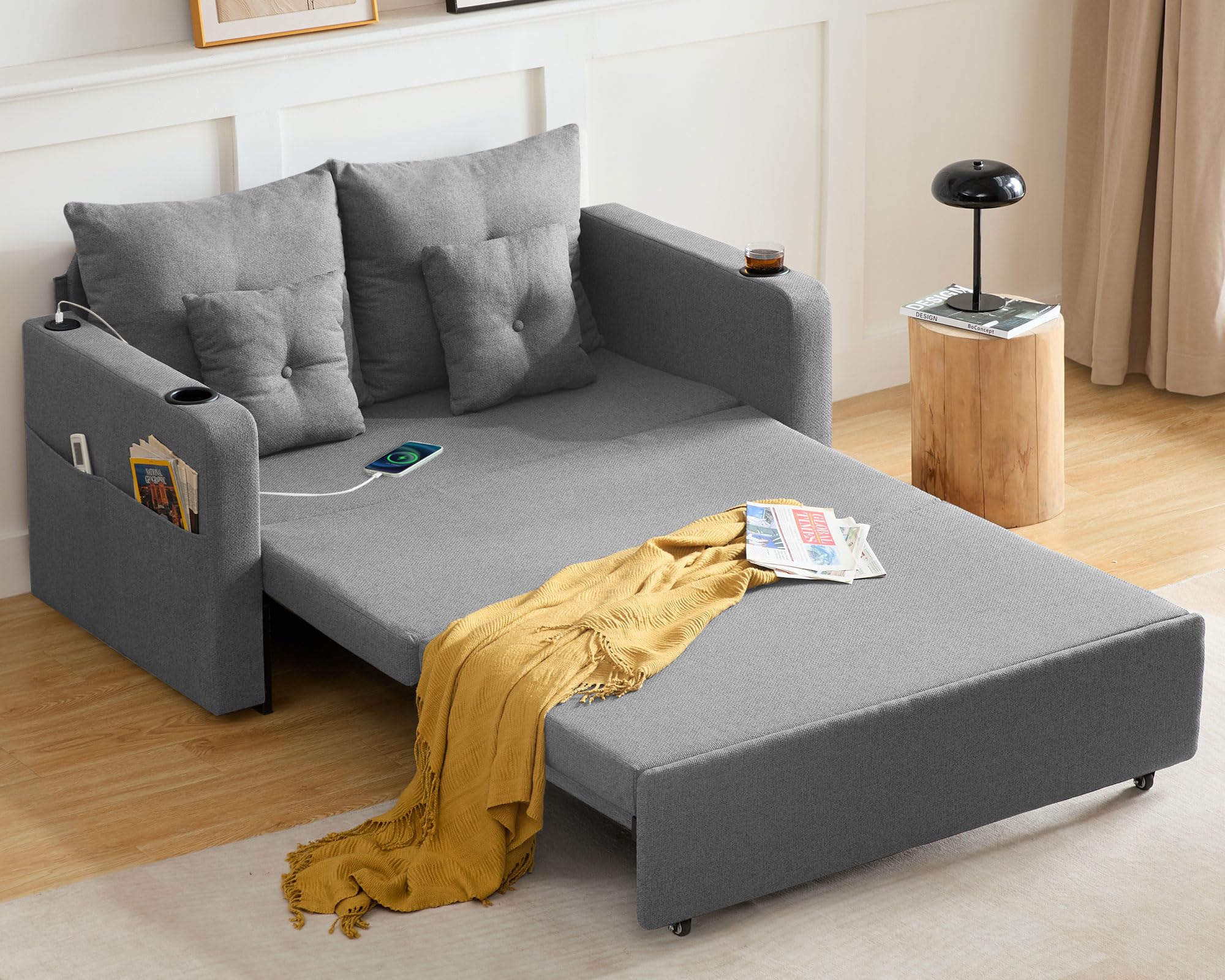 Busaurus 3 in 1 Convertible Sofa Bed, 56" Full Size Loveseat Sleeper Sofa Couch Bed, Sleeper Sofa Bed with Storage Pocket, USB, Comfy Pull Out Sofa Bed for Living Room, Bedroom, Small Space, Grey