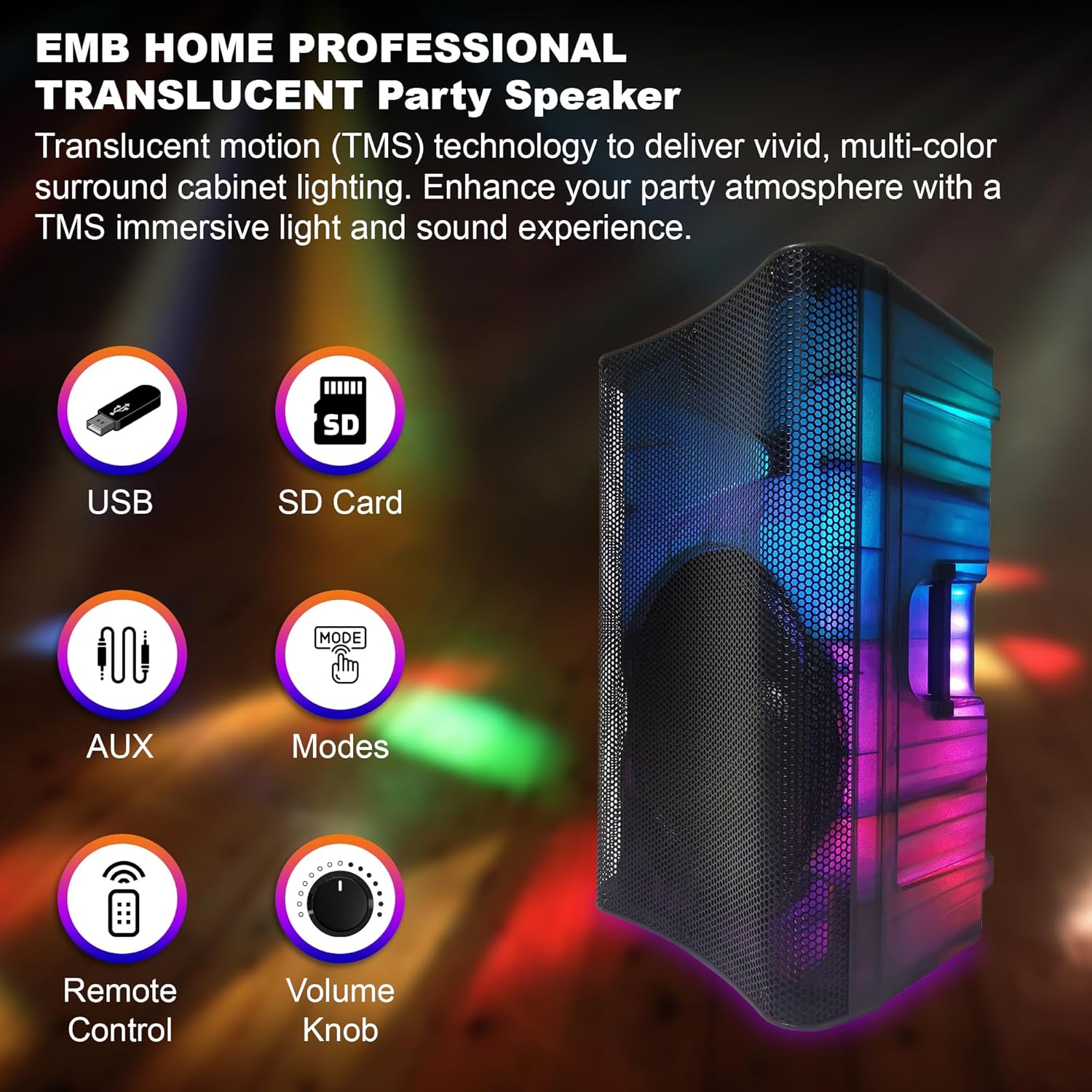 EMB Home PKL5500 Speaker features: USB, SD Card, AUX, Modes, Remote Control, Volume Knob