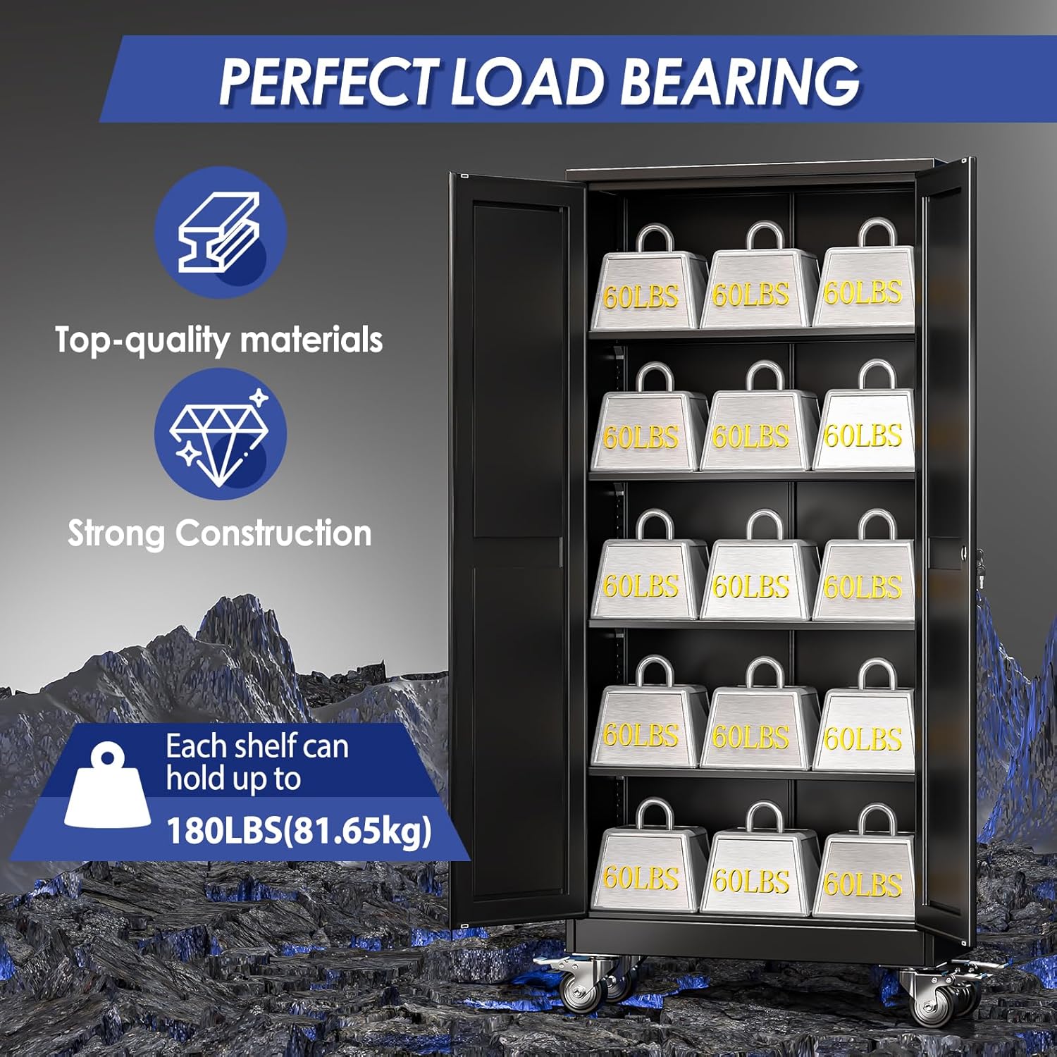 71" Tall Metal Garage Storage Cabinet with Wheels and Locking Doors and Tall Rolling Steel Tool Cabinet with 4 Adjustable Shelves for Garage,Home,Office,Shop (Black)