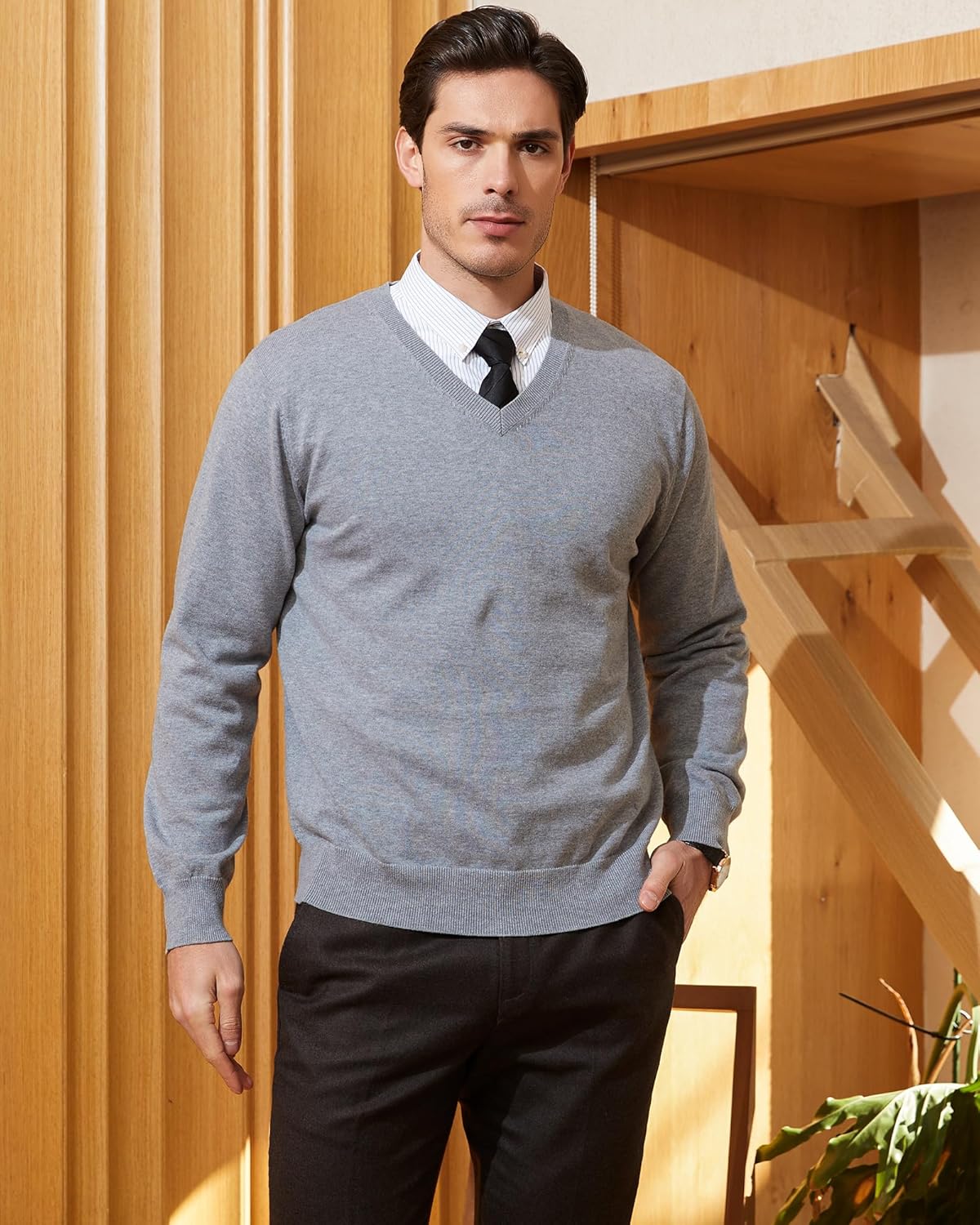 Kallspin Men's V Neck Sweater Pullover Regular Fit Pure Cotton Long Sleeve Lightweight Knit Casual Smart Layering - Image 3