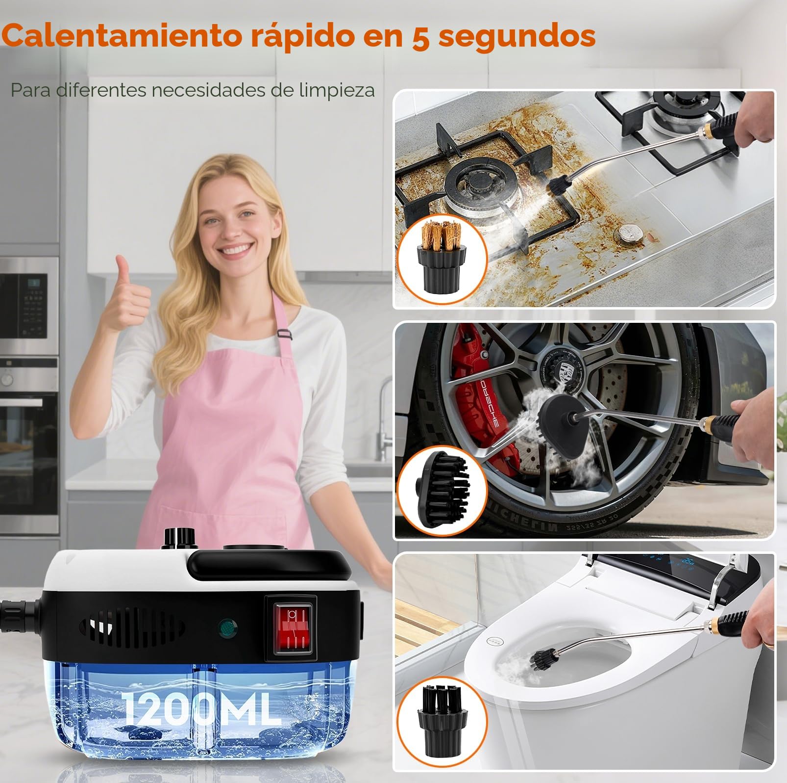 Limpiador a Vapor Portátil, Vaporeta de Mano 2500W, Vaporeta Limpieza Hogar, 6 Velocidades, para Limpiar Tapicería, Baño, Azulejos, Limpieza de Coches