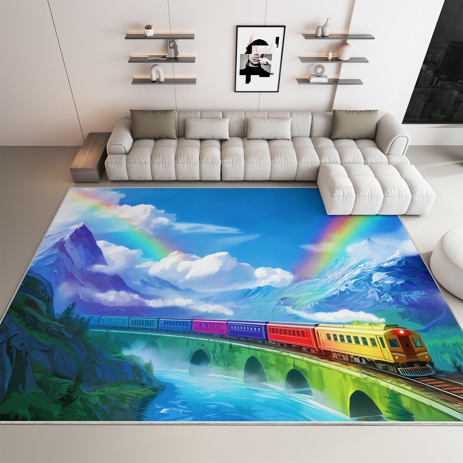 Alfombra lavable antideslizante 80 x 150 cm arte de juego, alfombra de pelo corto libro infantil ilustrado arcoíris tren para salón dormitorio oficina o habitación infantil corredor fácil de limpiar