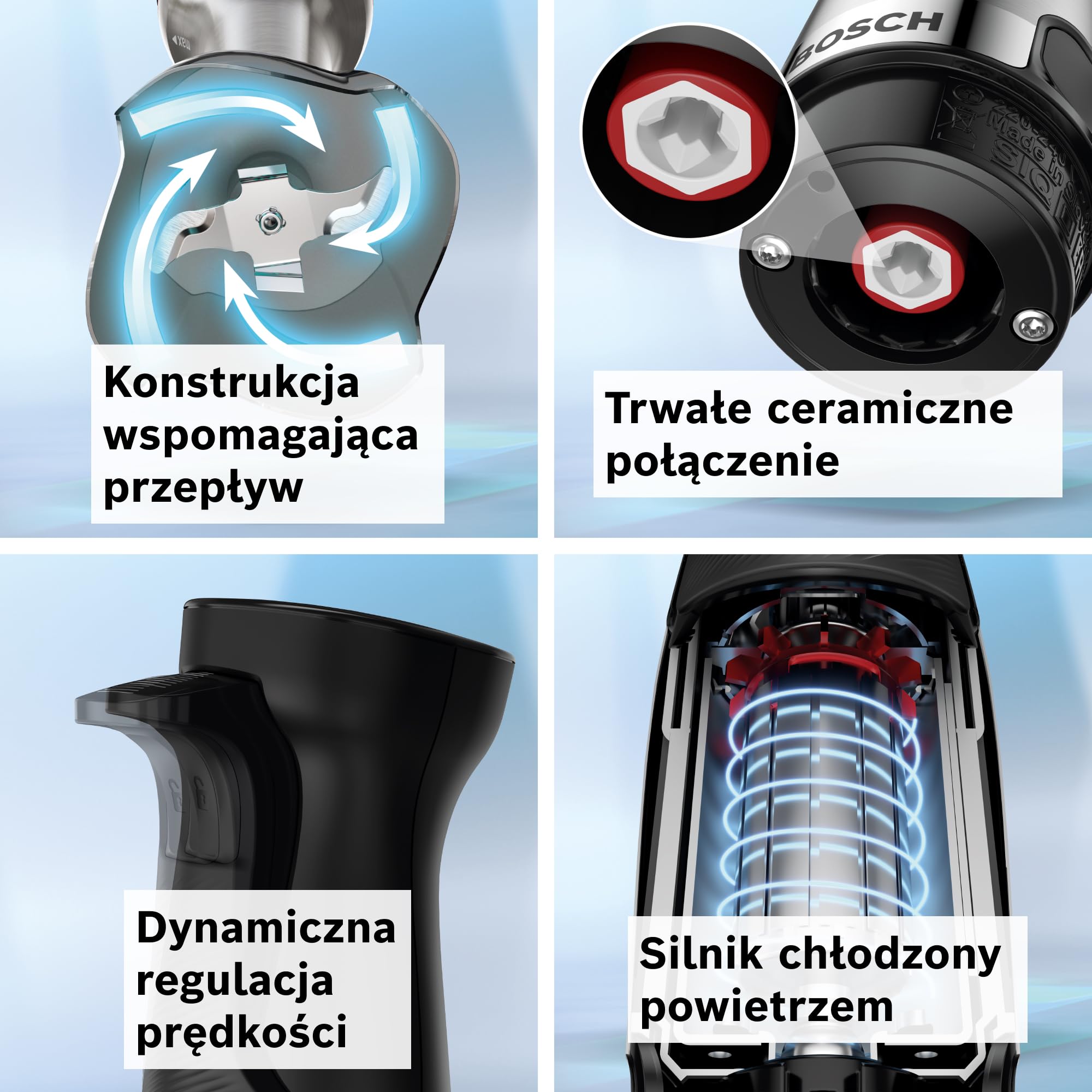 Bosch, blender ręczny, ErgoMaster Series 6, silnik 1200 W z chłodzeniem powietrznym, dynamiczna regulacja prędkości, system QuattroBlade Pro, akcesoria w zestawie, MSM6M820