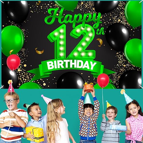 Miniatura 6 de Cartel de feliz cumpleaños número 12, color verde y negro, telón de fondo con texto en inglés "Cheers to 12 years old confeti", globos de confeti,