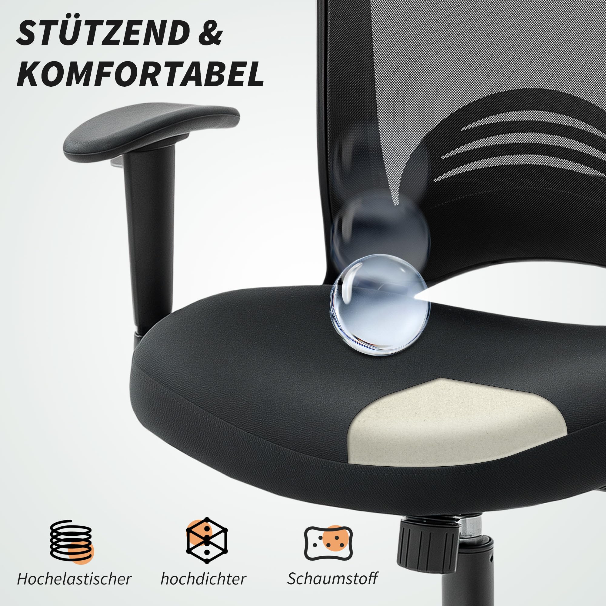 HOMCOM Bürostuhl Ergonomischer Schreibtischstuhl mit Armlehne Schwarz | Höhenverstellbar, Lendenwirbelstütze, Drehstuhl mit Wippfunktion, Computerstuhl mit Netzbespannung