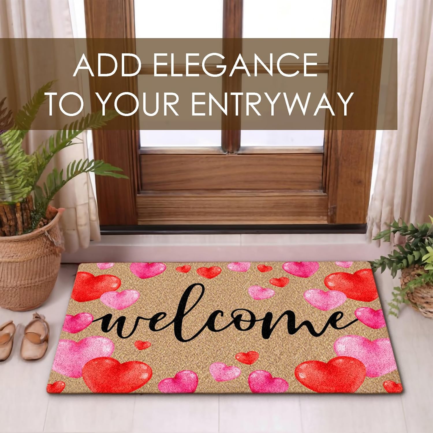 Valentines Day Welcome Coco Coir Doormat Door Welcome Mat for Home Entrance Front Door, Pink Red Love Heart Anniversary Valentine's Day Floor Mats for Outdoor Outside Entryway 30x17 Inch