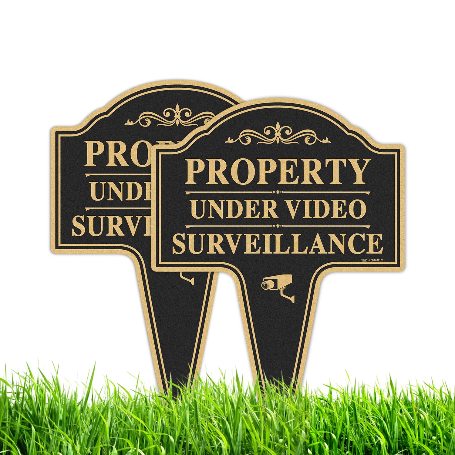 T&R Large Property Under Video Surveillance - Letrero de aluminio pesado con estaca, paquete de 2, 14 x 10 pulgadas, libre de óxido, para exteriores, protección UV, impermeable y resistente a la