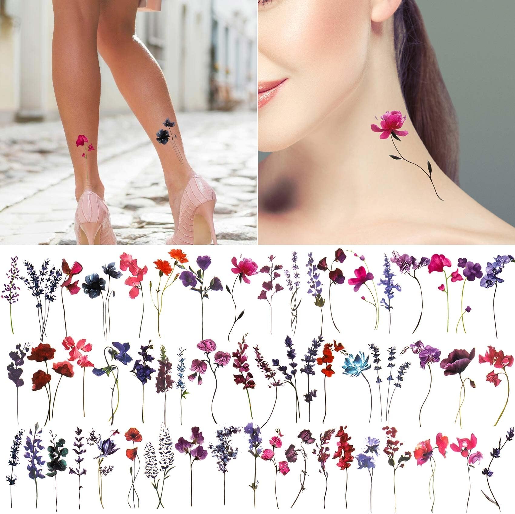 OIIKI Flower Temporary Tattoo Stickers 30 Sheets, Watercolor Lavender Fake Tattoos for Adult Women Girls, Sexy Female Floral Fun Cute Tiny Small Branch Tattoo Sticker for Ankle Wrist Neck