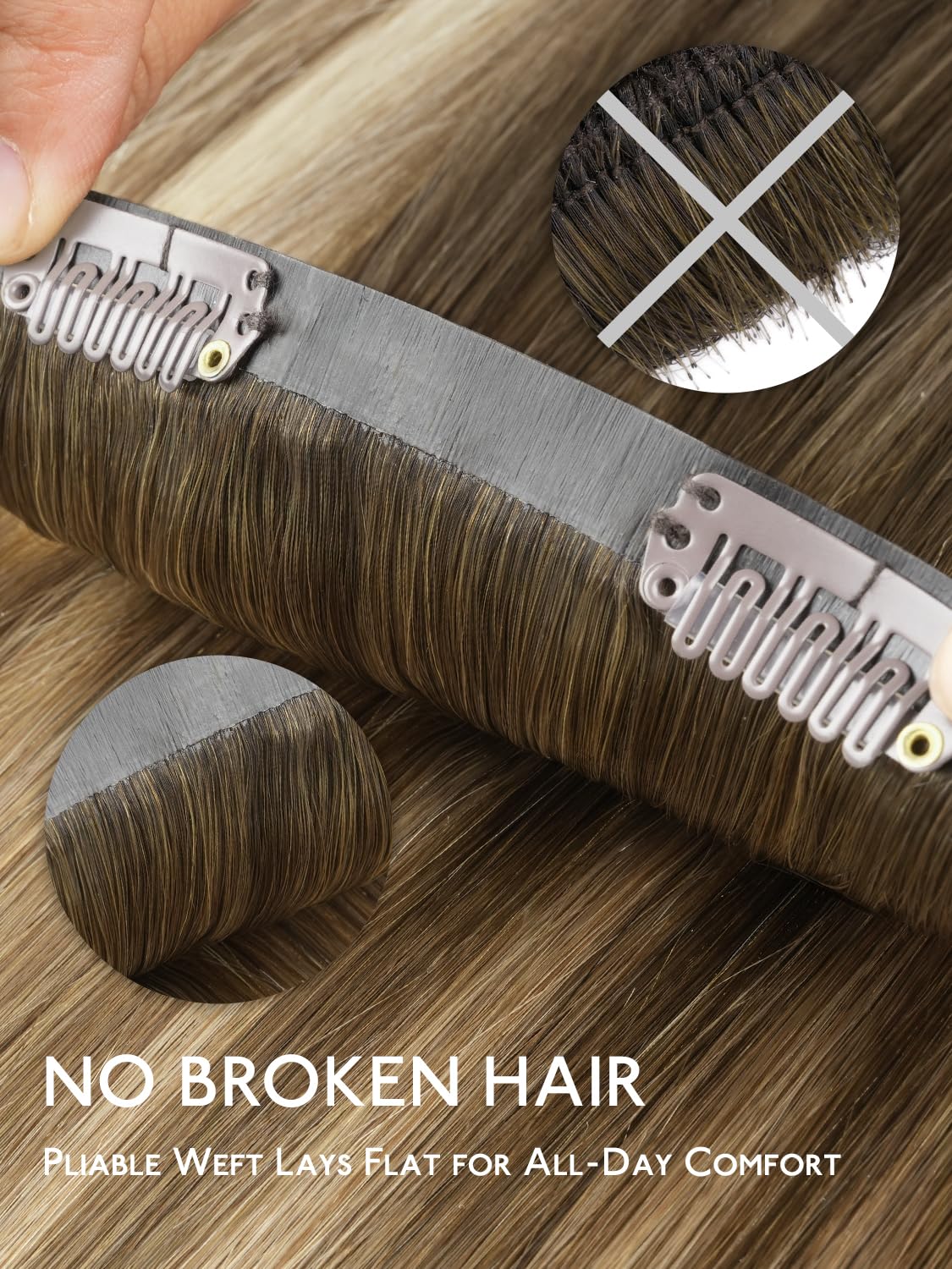  Seamless Clip in Hair Extensions Real Human Hair, 14 Inch 110g Ombre Walnut Brown to Ash Brown and Bleach Blonde Invisible PU Skin Weft, Natural Thick Real Hair Clip Ins for Women thumbnail