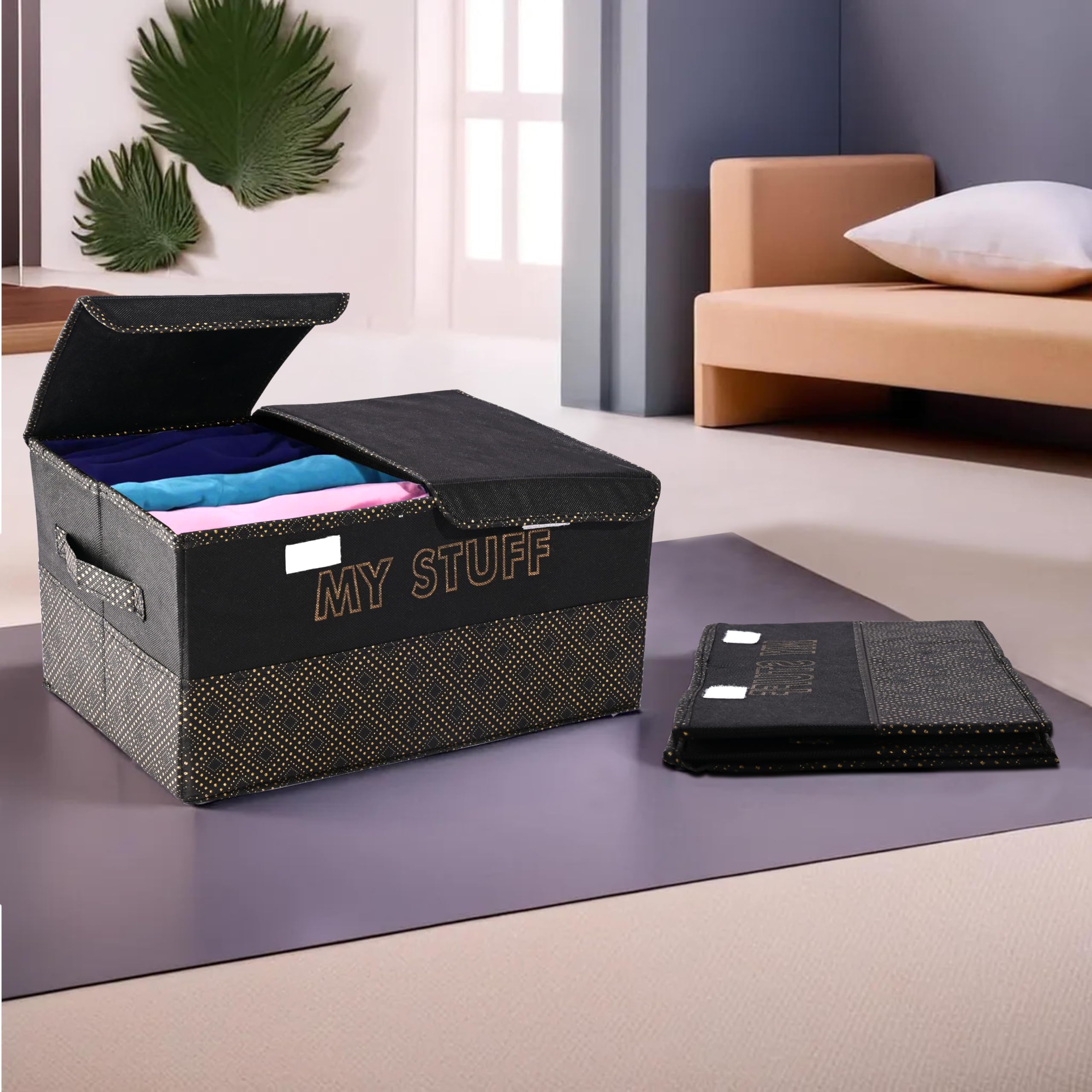 Kuber Industries Pack of 2 Clothes Wardrobe Organizer (Large) Foldable Double Lid Drawer Organiser | Golden Dot | 2 Compartments | Cupboard Organiser | Non-Woven | Clothes Organizer | Black