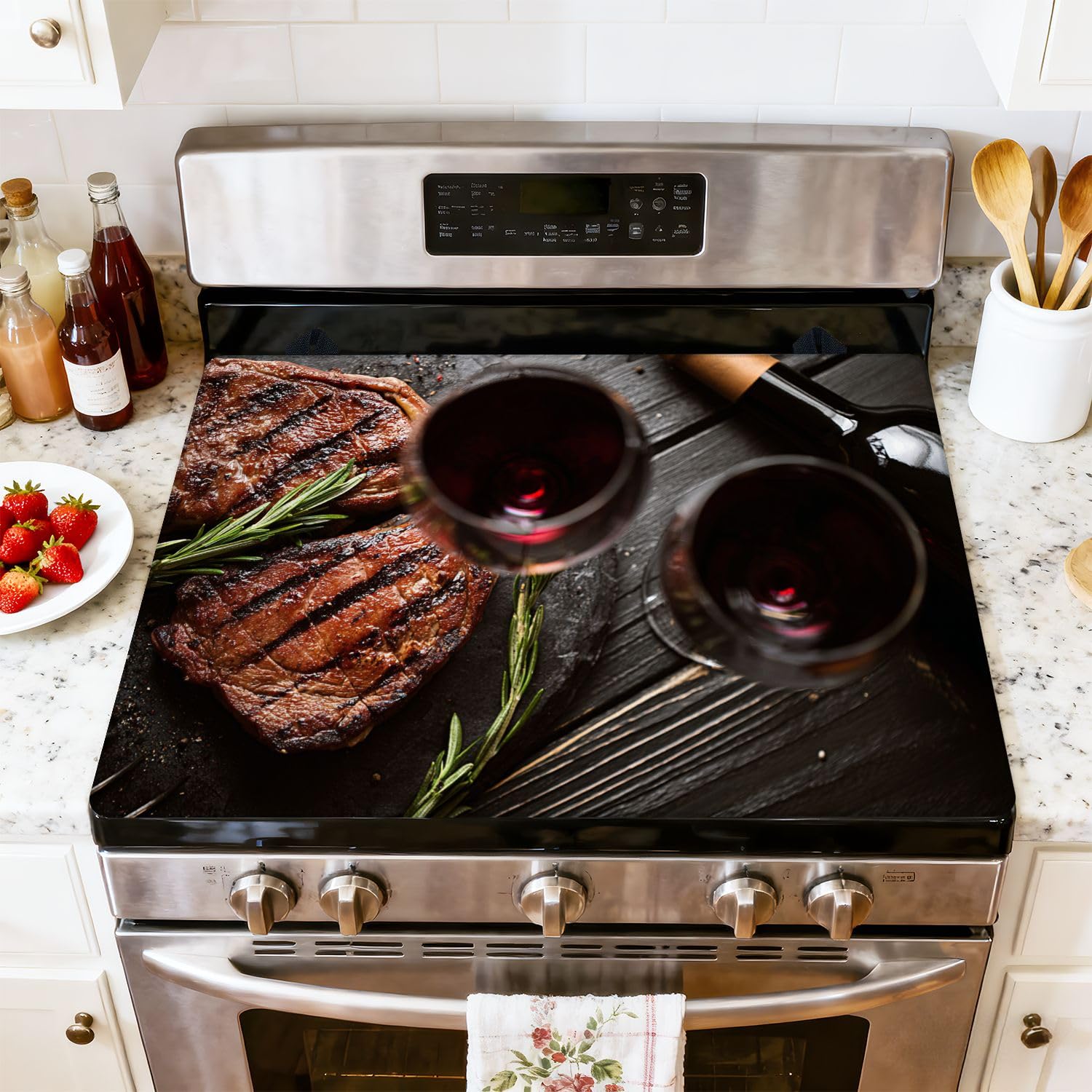 Stove Top Cover for Electric Stove Steaks from fresh meat Heat Resistant Glass Cooktop Protector Flat Top Oven Cover Mat Prevent Scratching 28" x 20"