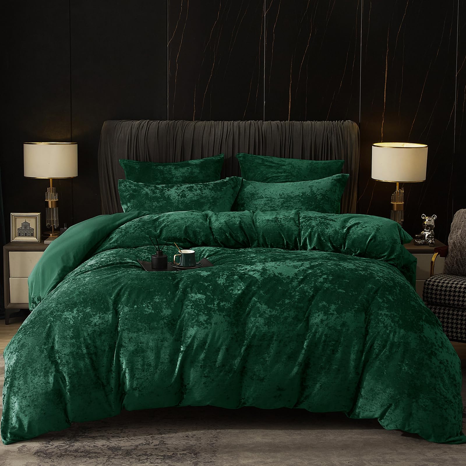 phf truly velvet duvet cover set california king size, 3pcs ultra soft breathable comforter cover set, luxury cozy flannel duvet cover with pillow shams bedding collection, 104" x 98", emerald green