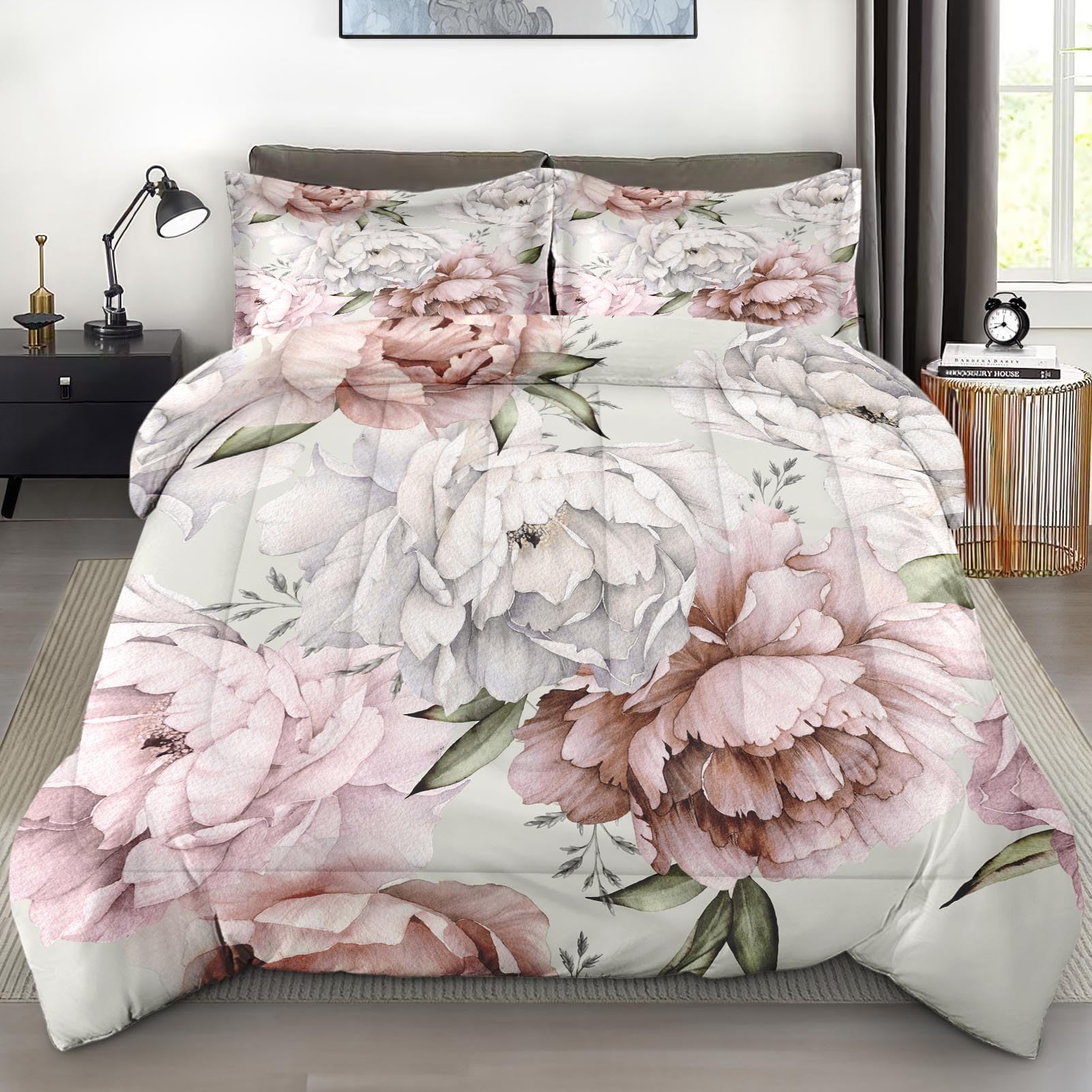 Comforter Set Queen Size, Floral Botanical Flower 3 Pcs Soft Bedding Set for Kids and Adults, Peony Vintage Red Rose Comforter Set with Pillowcase, for Bedroom Bed Decor