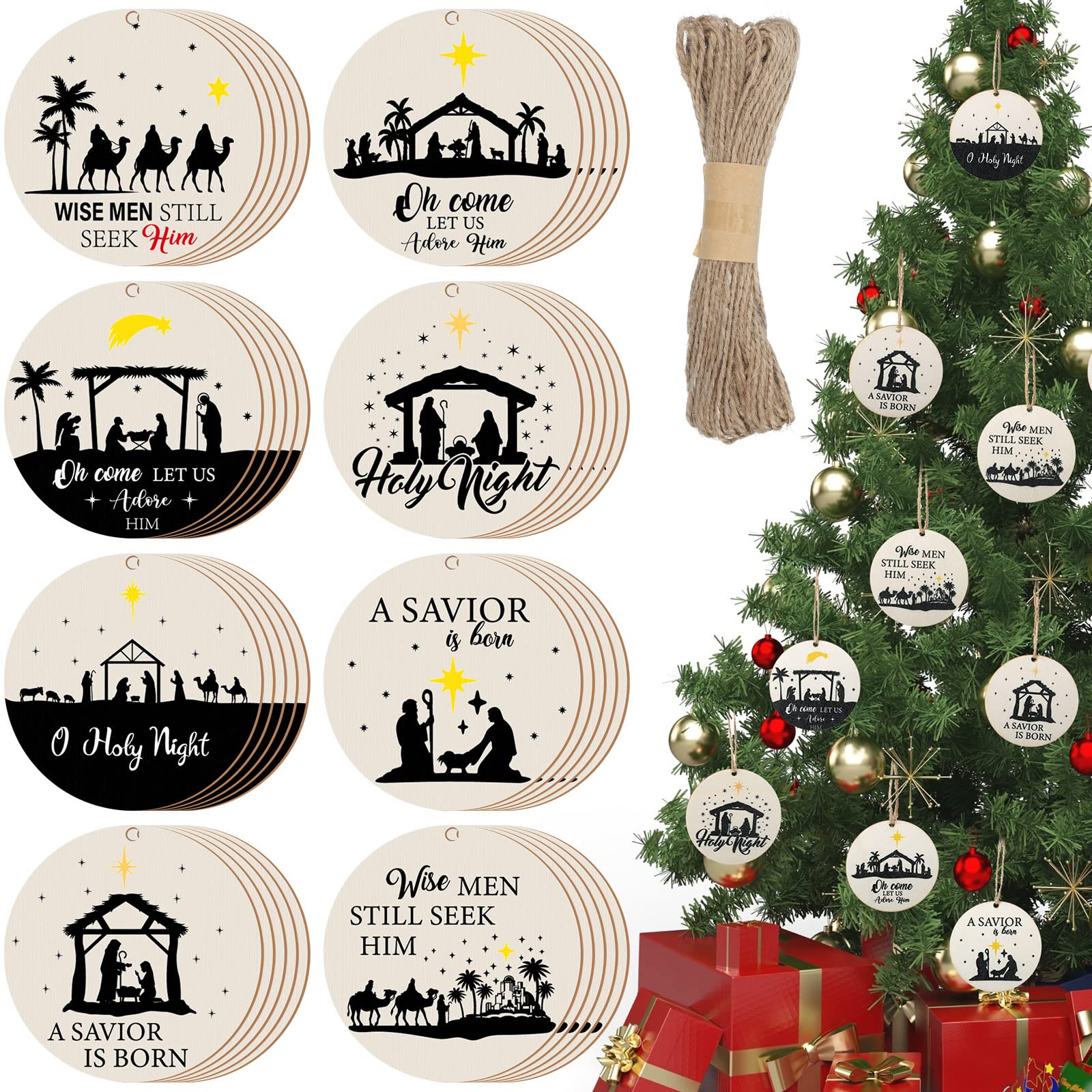 40 Pieces Nativity Scene Christmas Tree Ornament Wooden Nativity Scene Ornaments Wood Slice Nativity Decorations Christmas Wood Chips Xmas Round with 16 Yard Ropes for Xmas Tree Party Decoration