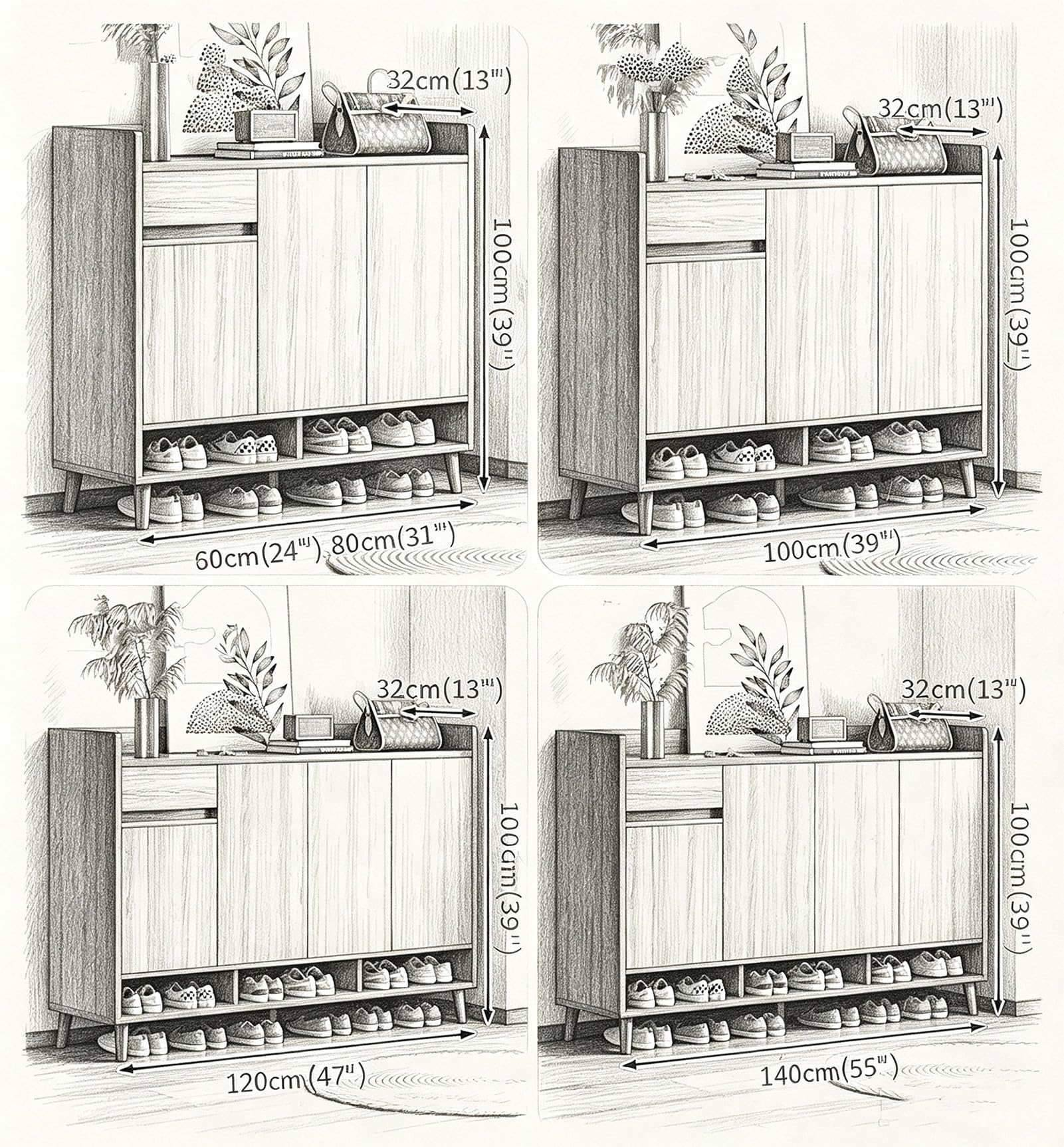 Armadio Scarpiera Legno 4 Livelli Cassetto, Ripiani Regolabili
