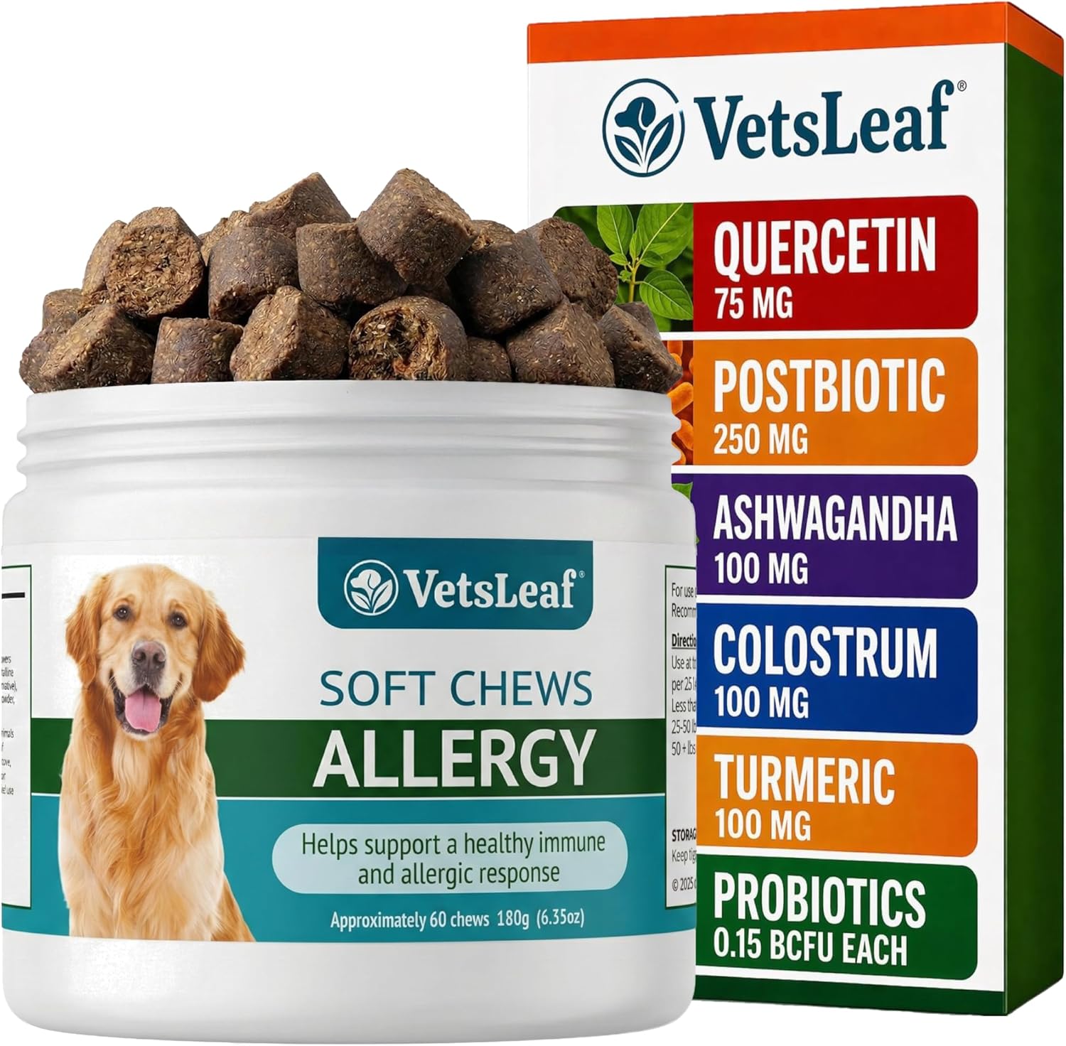 Dog Allergy Chews for Itchy Skin, Hot Spots, Paw Licking Relief & Itchy Ears – Quercetin, Turmeric, Probiotics & Colostrum – Made in USA – 60 Count