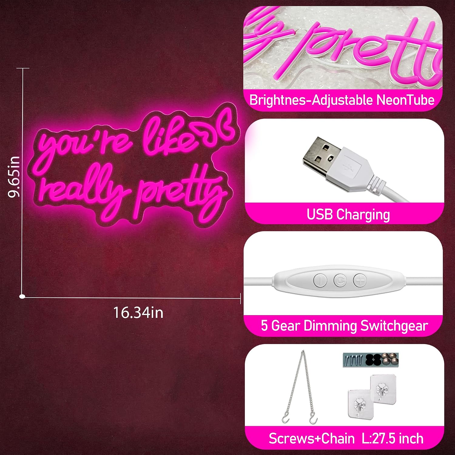 You Are Like Really Pretty Neon Sign, Pink Dimmable LED Light Up Neon Sign for Girls Bedroom Club Wedding Bachelorette Party Wall Decor Birthday Christmas Gift for Daughter Teen Girls Friends (You Are Like Really Pretty)