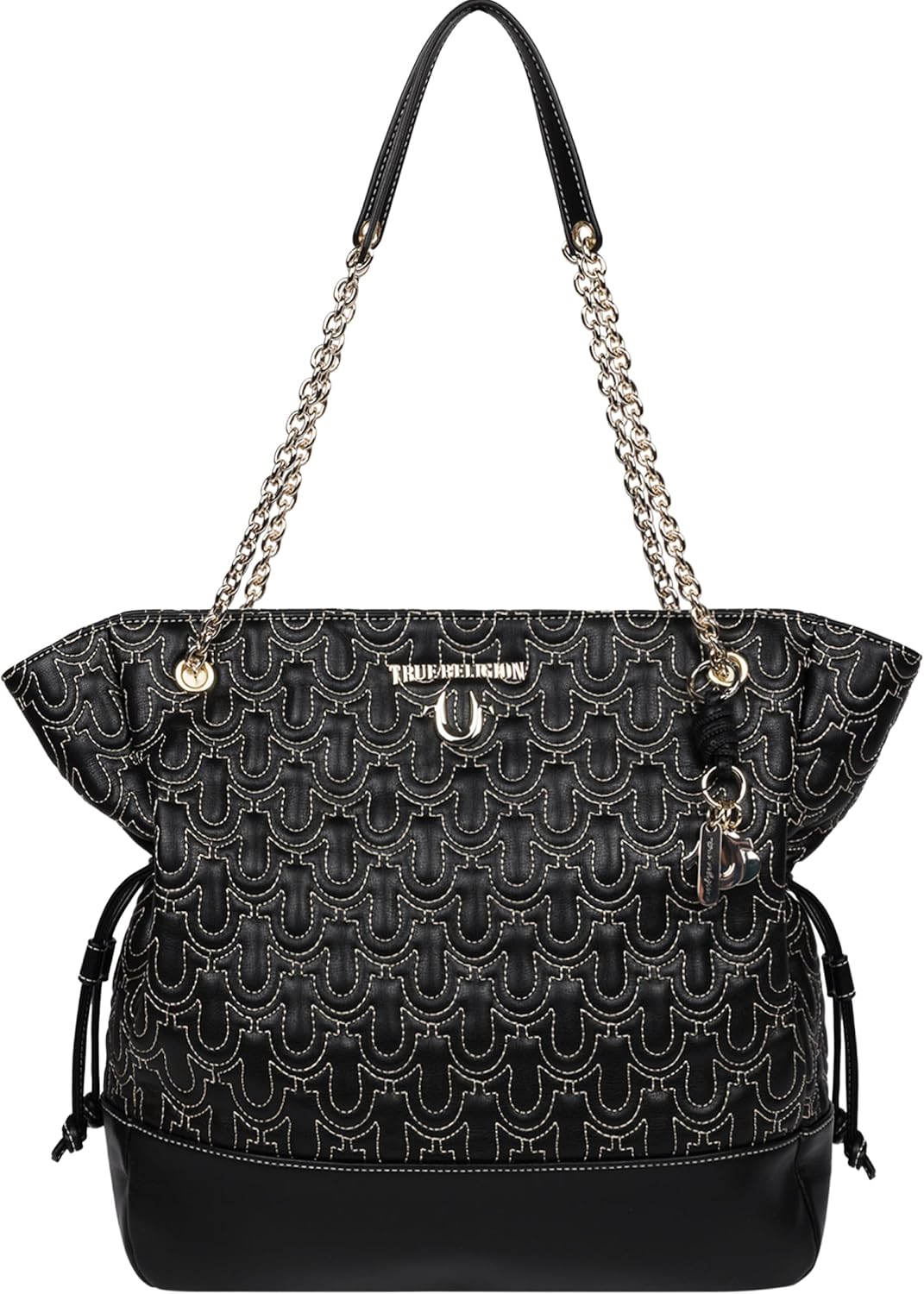 True Religion Tote Bag, Cinch Side Soft Logo Purse with Horseshoe Stitch Pattern, Chain Straps and Gold Hardware
