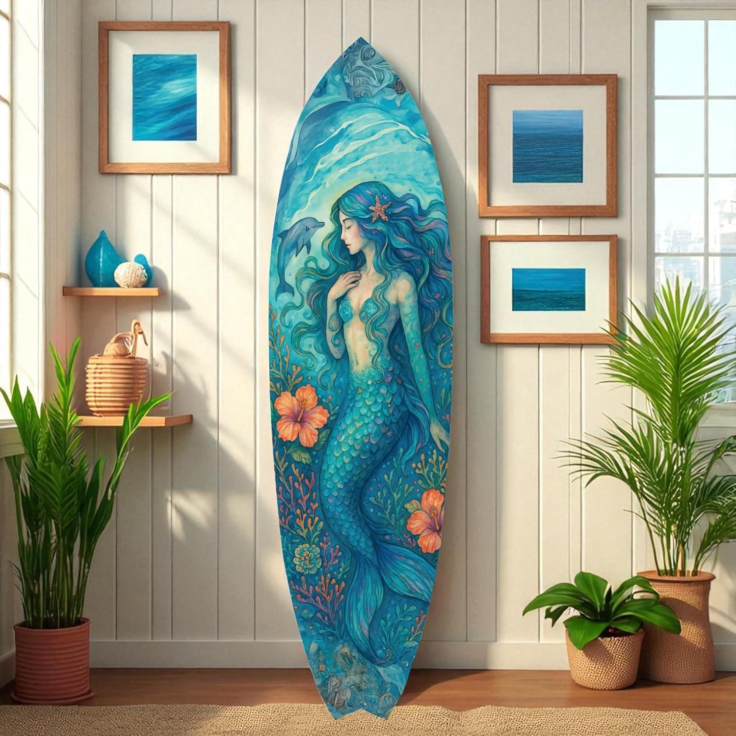 JennyGems Mermaid Surfboard Wall Art | Weatherproof PVC Coastal Decor | Indoor/Outdoor Watercolor Mermaid with Dolphin | Hook Installed | Made in USA | Porch Pool Patio Wall Decoration | 3 Foot