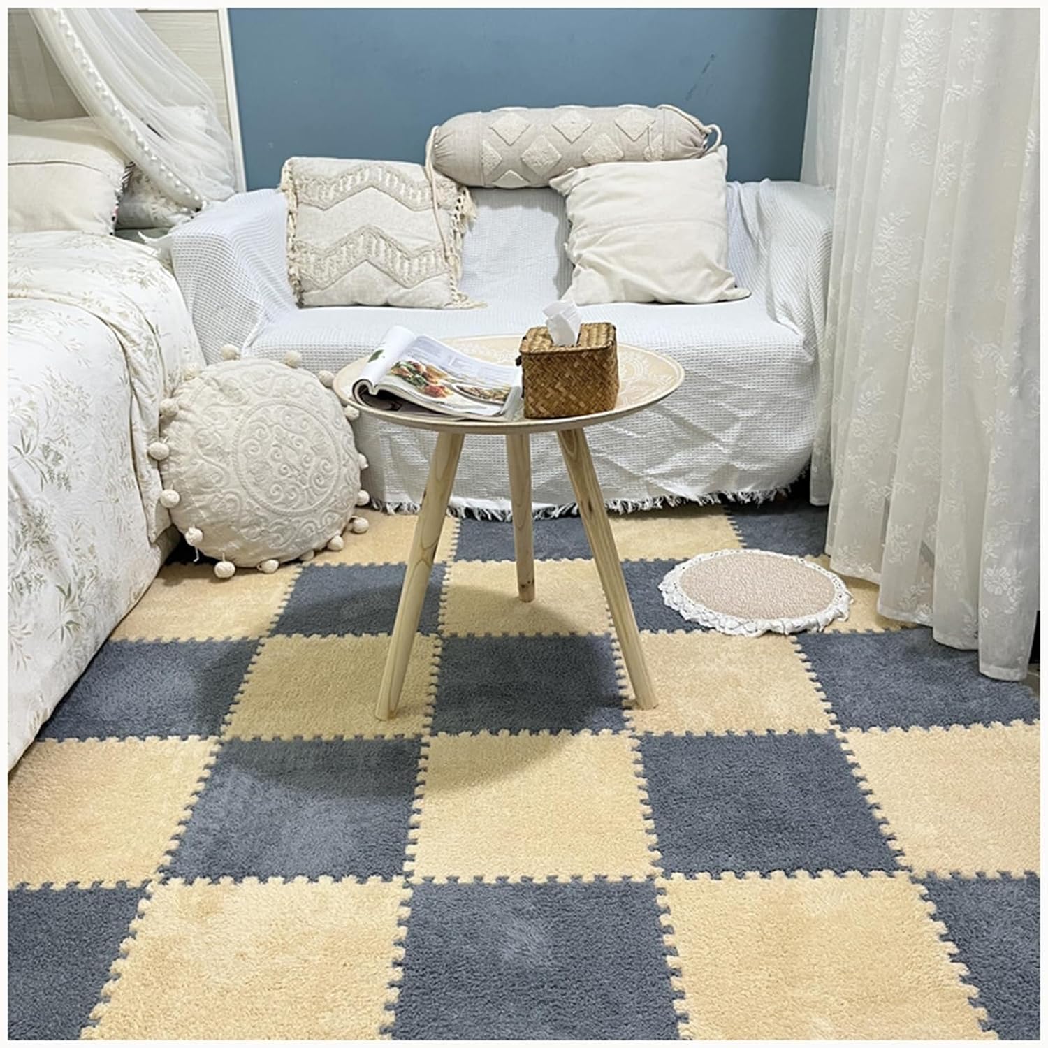 60pcs Plush Puzzle Square Foam Floor Mat with Border, Thick 0.4" Tiles Shaggy Interlocking Foam Carpet Tiles, DIY Cuttable Free Splicing Play Mat(Gray+Apricot)