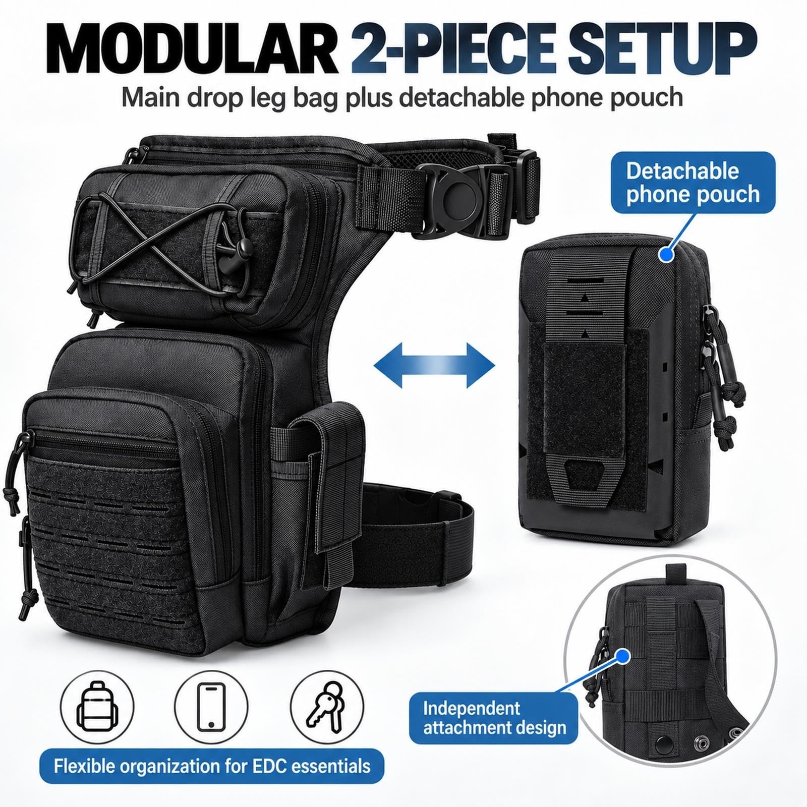 Bolsa de Muslo de Nylon 1000D + Riñonera Táctica, Set de 2 Piezas Outdoor