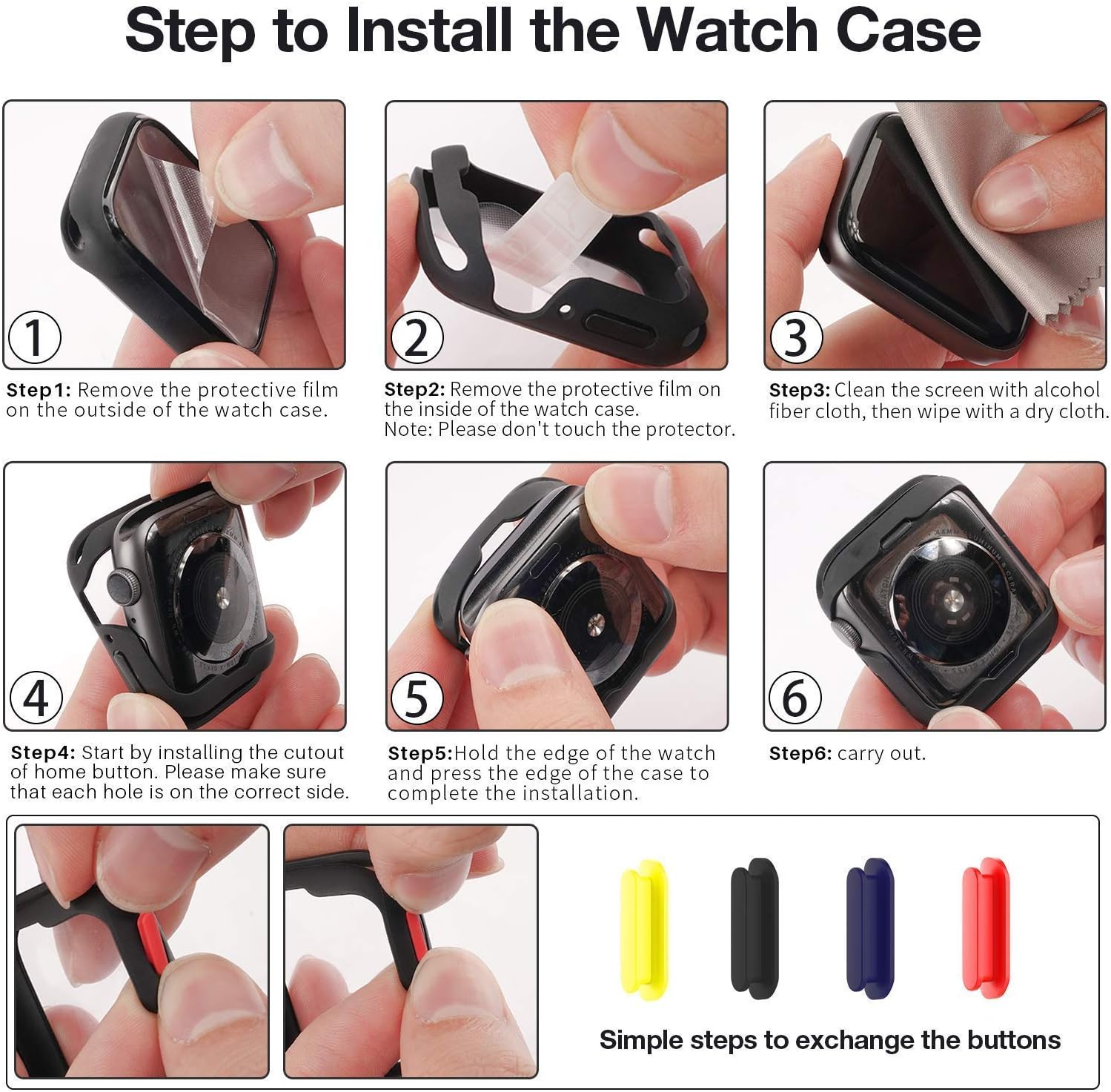 KKM 2 Pack Case bulit in Tempered Glass Compatible with Apple watch Series 6 Series 5 Series 4 44mm, Replaceable Four-Colored Buttons, Ultra-thin Silicone Shell , All-round Protective Cover - Black