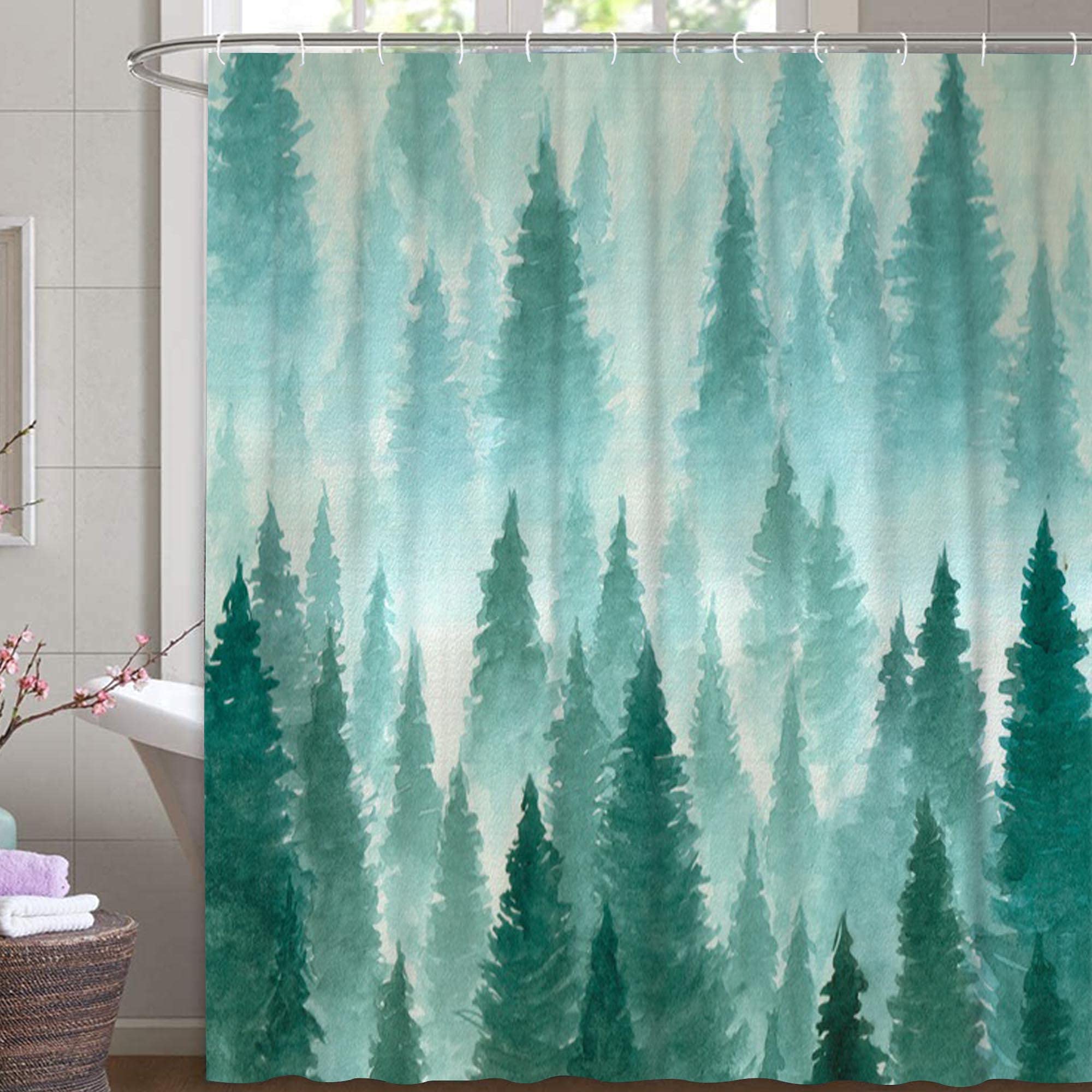 M&W DAS DESIGN Shower Curtain Forest in Fog Tree Textile Mystical Green Blue Green Nature Peace Mountains Landscape Curtain Mildew Resistant ColourResistant Includes 12 CRings Bottom Weight 180 x