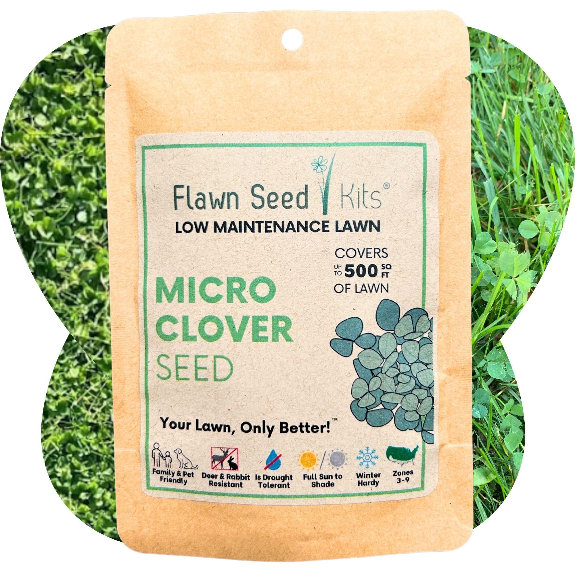 Flawn Seed Kits Micro Clover Seed, 2.2 Oz, Organic Coated, Eco-Friendly, Low Growing, Low Maintenance, Lawn Alternative, Compostable Pouch, Covers Up to 500 Sqft