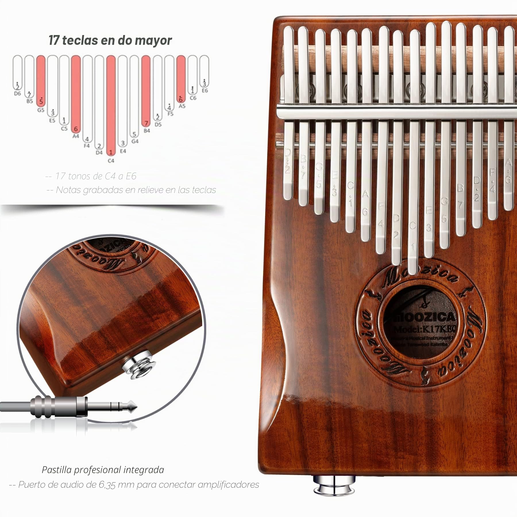 Moozica Kalimba de 17 teclas, piano eléctrico de madera de tono Koa, pastilla integrada con interfaz de audio de 6,35 mm y bolsa de kalimba profesional