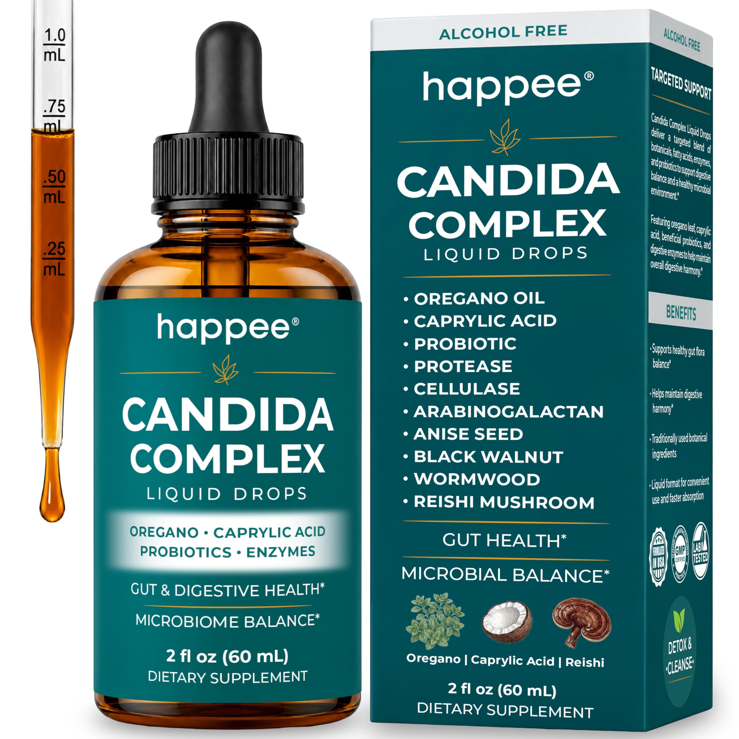 Happee Candida Cleanse Drops 10-in-1 Gut & Oral Detox Support Men Women 2oz
