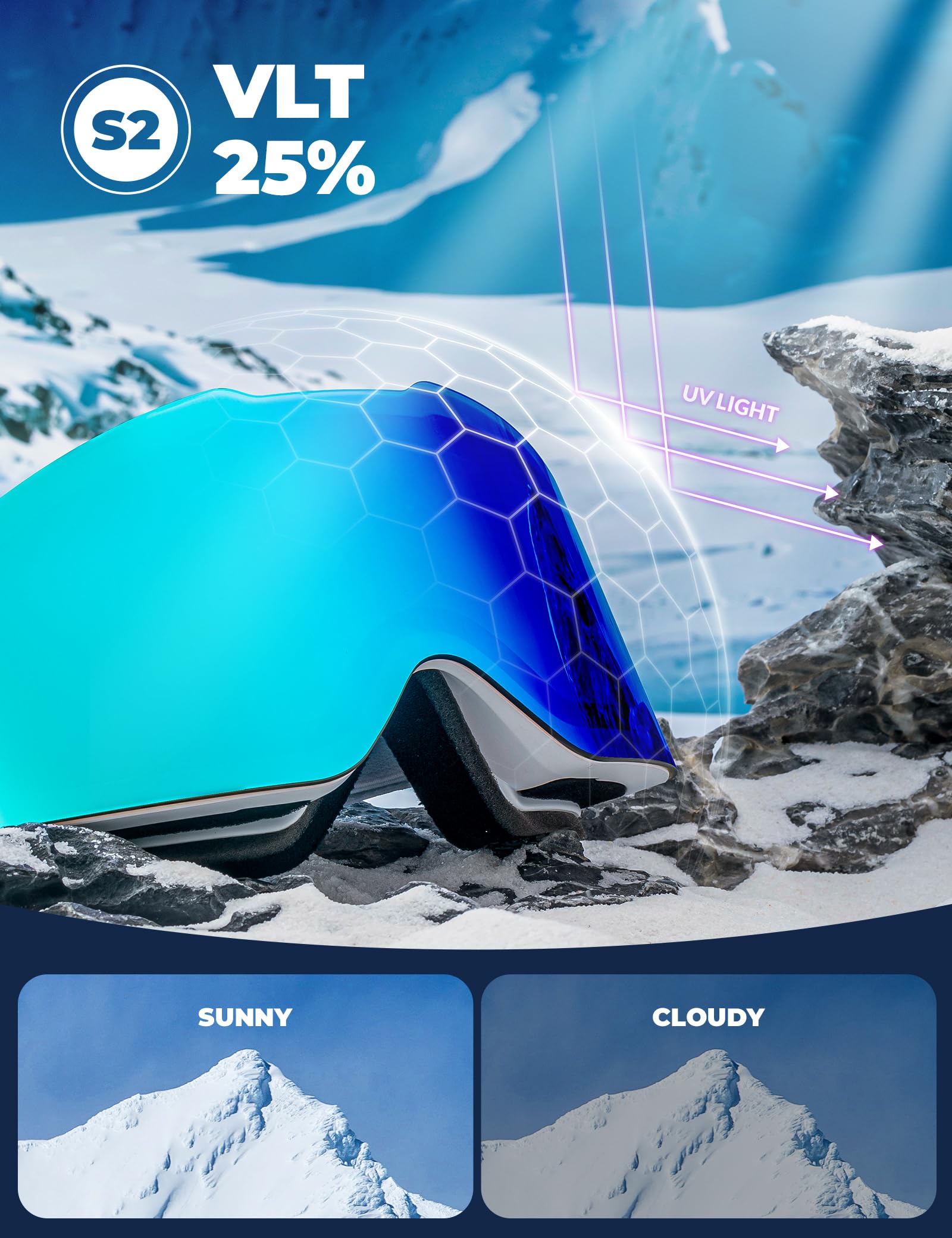 Gogle Narciarskie Gogle Śniegowe Ochrona UV Damskie/Męskie Przeciwmgielne Oddychające Kompatybilne z Kaskiem Gogle Snowboardowe dla Osób Noszących Okulary, Jazda na Nartach/Snowboardzie