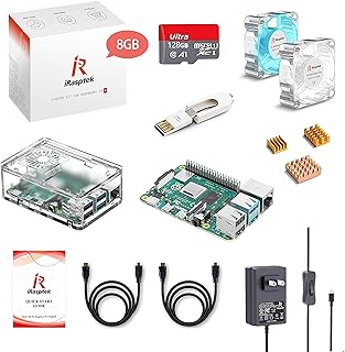 Raspberry Pi 4 8GB RAM Starter Kit - 128GB Edition,Noobs Preinstalled,5V 3.5A Power Supply,HDMI Cable,Heatsink,Transparent Case and Cooling Fan,Card Reader,GPIO Reference Card