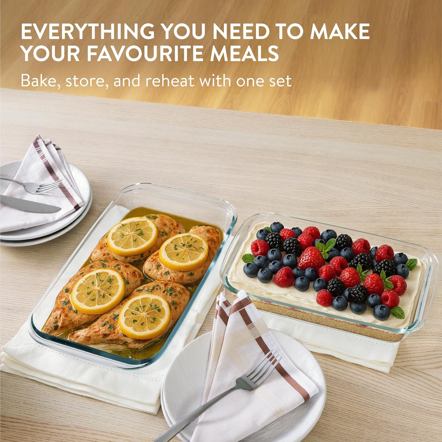 Navaris 4-Piece Glass Baking Dish Set with Lids, 1.7qt/2.3qt(1.6L/2.2L) Casserole Dishes, Rectangular Glass Bakeware Set, Baking Pans for Lasagna, Leftovers, Dishwasher, Oven