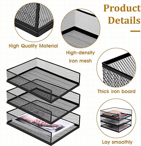 Miniatura 4 de 3 Pcs Black Metal Letter Tray, 3-Tier Stackable Paper Tray, Metal Mesh Desktop Organizer, Single Wire Mesh Organizer Front Load File Paper Holder,