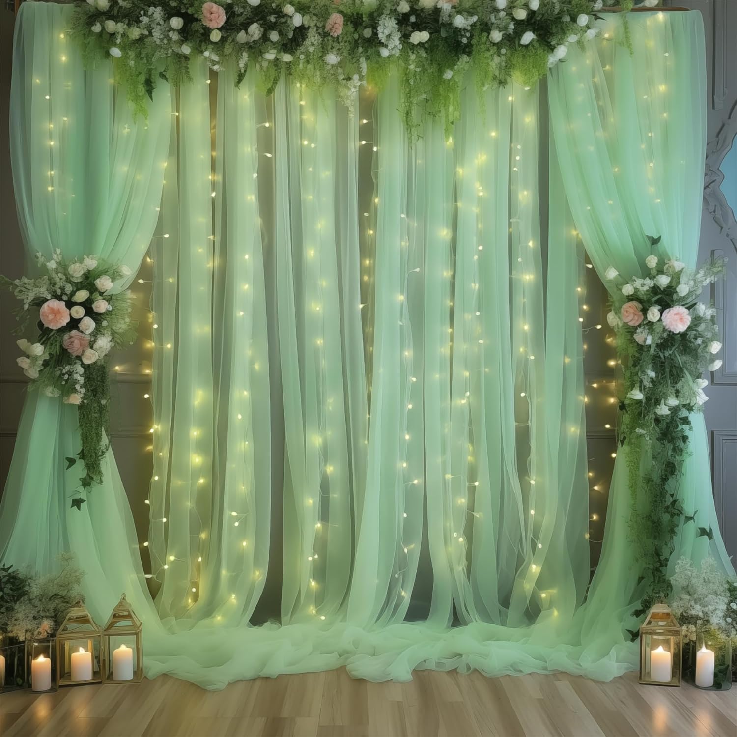 30×10ft Green Tulle Backdrop Curtain with Lights String for Parties, Sheer Photo Backdrop Curtains for Wedding Party Photography Background
