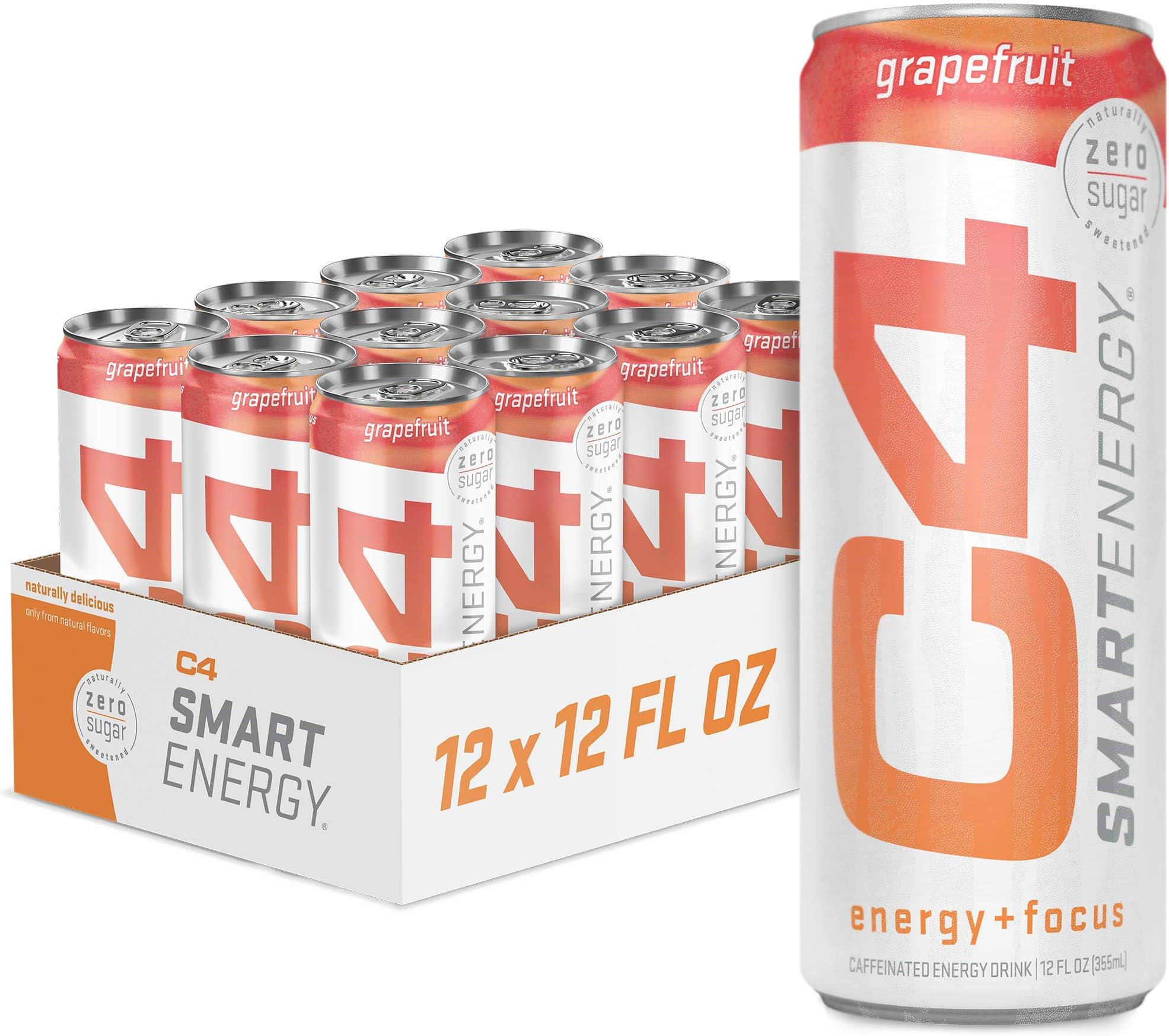 C4 Smart Natural Energy Drinks with Zero Sugar and Zero Calories, Sugar Free, Zero Carbs, | Powered by Green Tea Caffeine and Stevia | 12 Pack, 12 Oz Cans