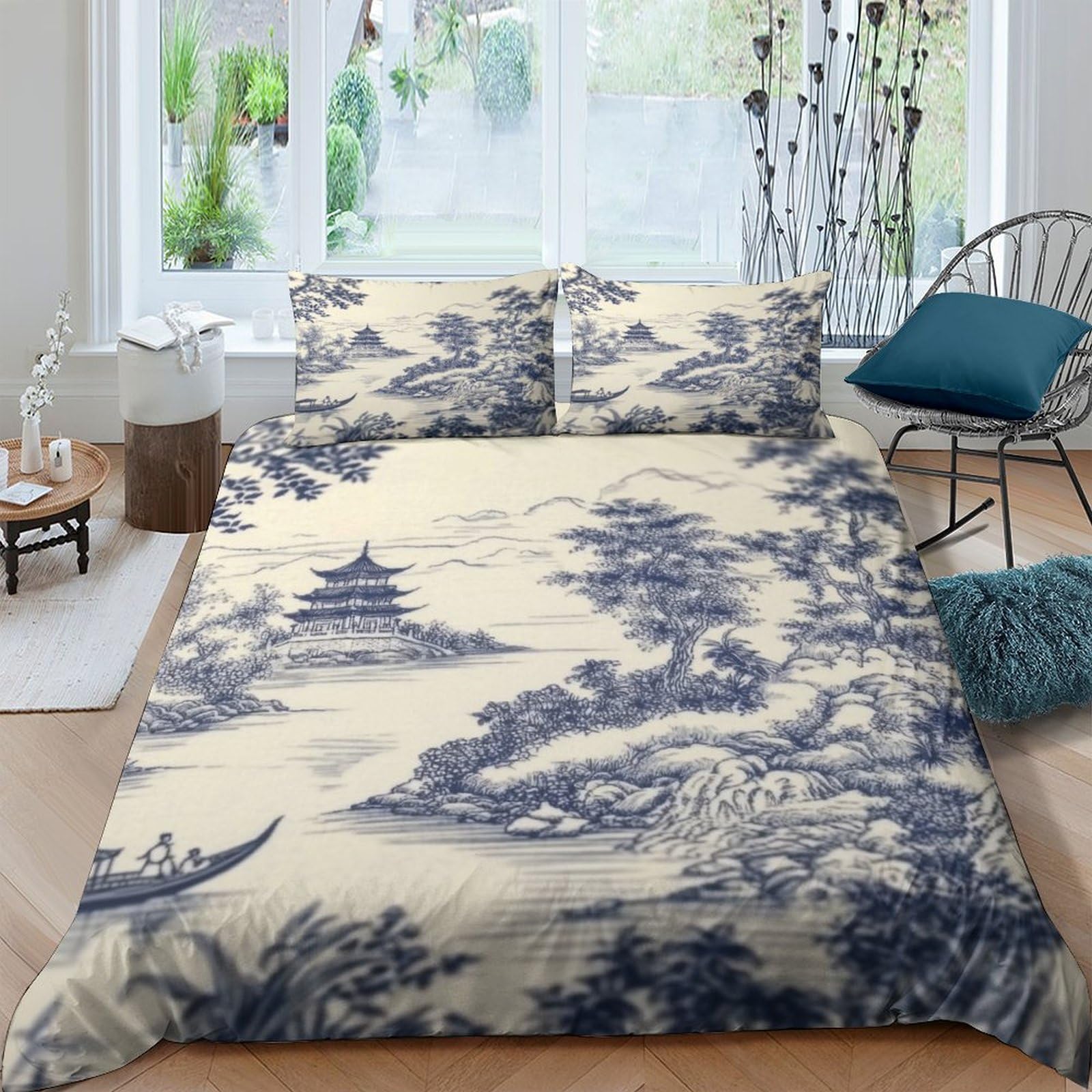 Ctjqhvkz Style-2 3D Printed Chinese Ink Landscape Fitted Sheet Microfiber Soft Blue White Pagoda Mattress Cover Bedroom Decor Single（135X200cm）
