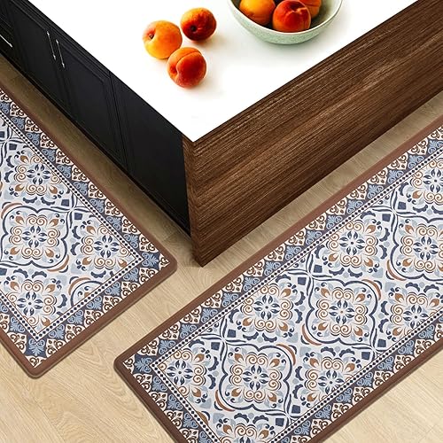 Miniatura 3 de FRESHMINT Tapetes Antifatiga para Cocina para Piso Juego de 2 Piezas, Impermeables y Antideslizantes con Diseño de Azulejos Marroquíes, Tapetes de