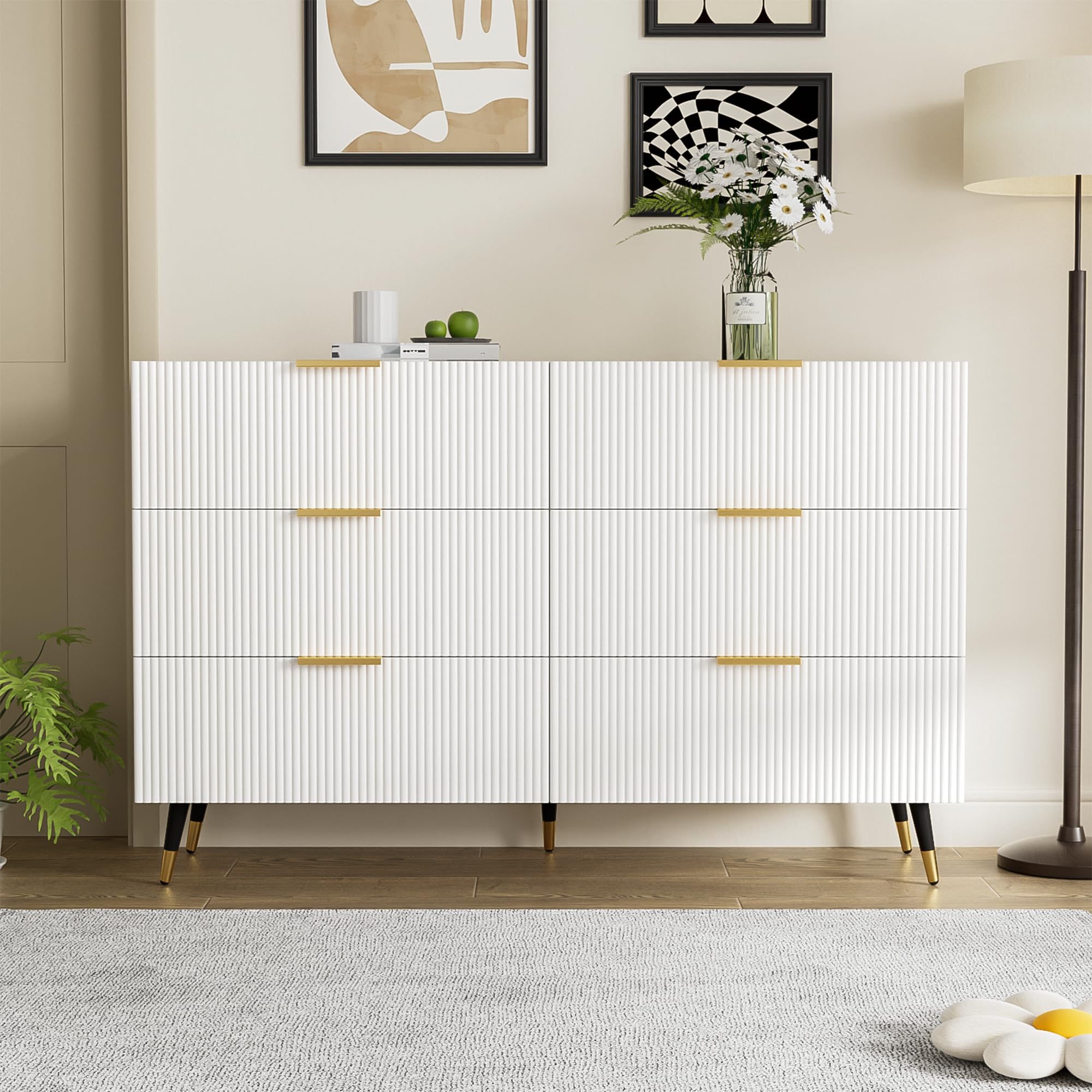 Merax White Sideboard for Living Dining room Sideboard Storage Cabinet Chest of Drawers, with 6 Drawers, golden handles and feet, wave-like texture, 40 x 120 x 77 cm — image 1