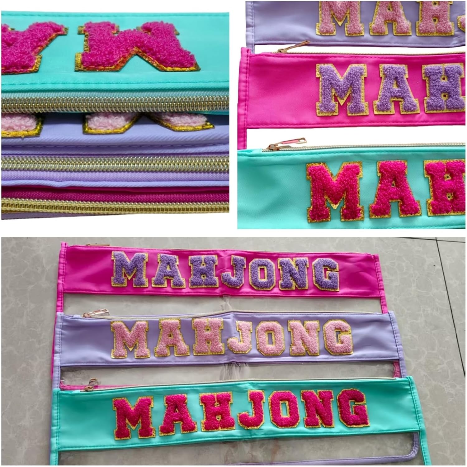 American Mahjong Bag -Clear Waterproof Mahjong Tiles Bag, Large Capacity Pouch with Zipper & Letter Embroidery, Travel Carrying Accessory for Mahjong Set (Case Only) (Turquoise)