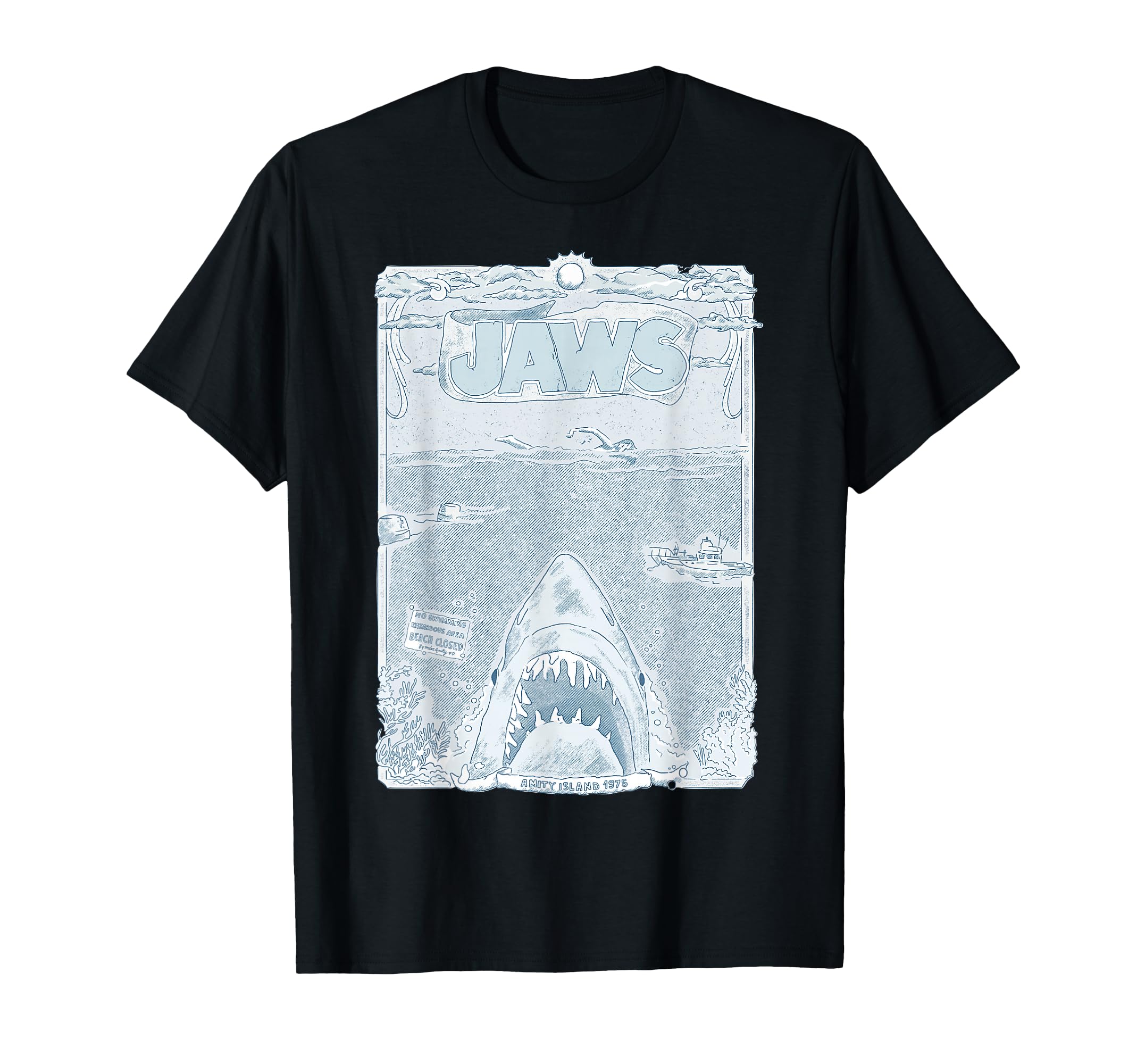 Jaws 50th Anniversary Poster Sketched Blue Style 2-Sided T-Shirt