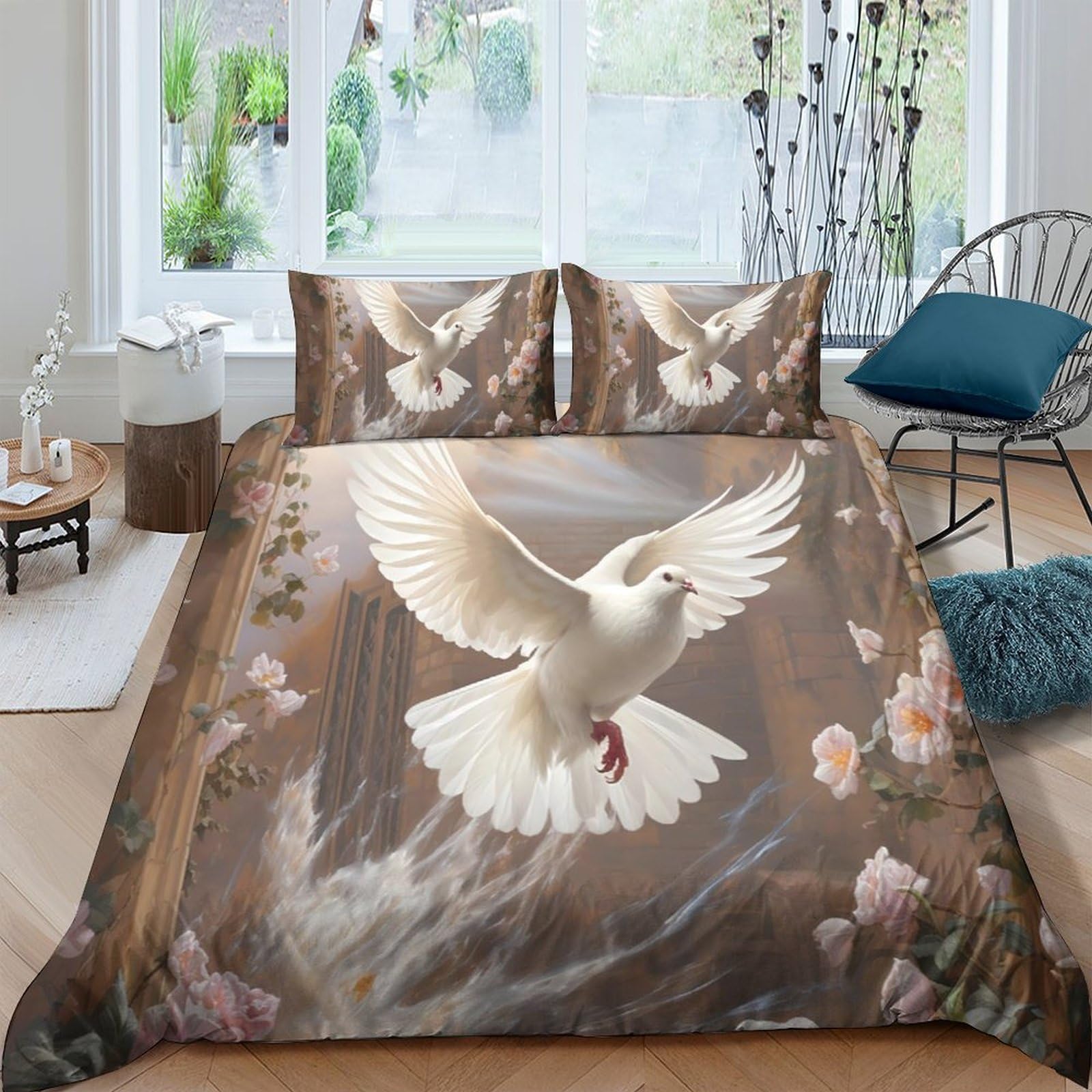 Ctjqhvkz Style-1 3D Printed White Dove Fitted Sheet Microfiber Soft Anti-Slip Brown Floral Mattress Cover For Bedroom Guest Room Decor Single（135X200cm）