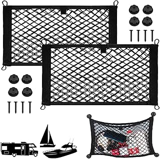 VEEBELL 2 Pack Small Cargo Net Pocket Storage Mesh Net Elastic Automotive Cargo Nets Storage Pouch for Car Trunk Net, RV, Boat Storage Mesh Pocket Net with 8 Mounting Screws Hooks (24 x 9.8 Inches)