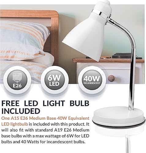 Miniatura 6 de Newhouse Lighting Lámpara de cuello de ganso flexible de metal blanco Oxford para escritorio o mesa con 1 bombilla LED de 6 vatios incluida