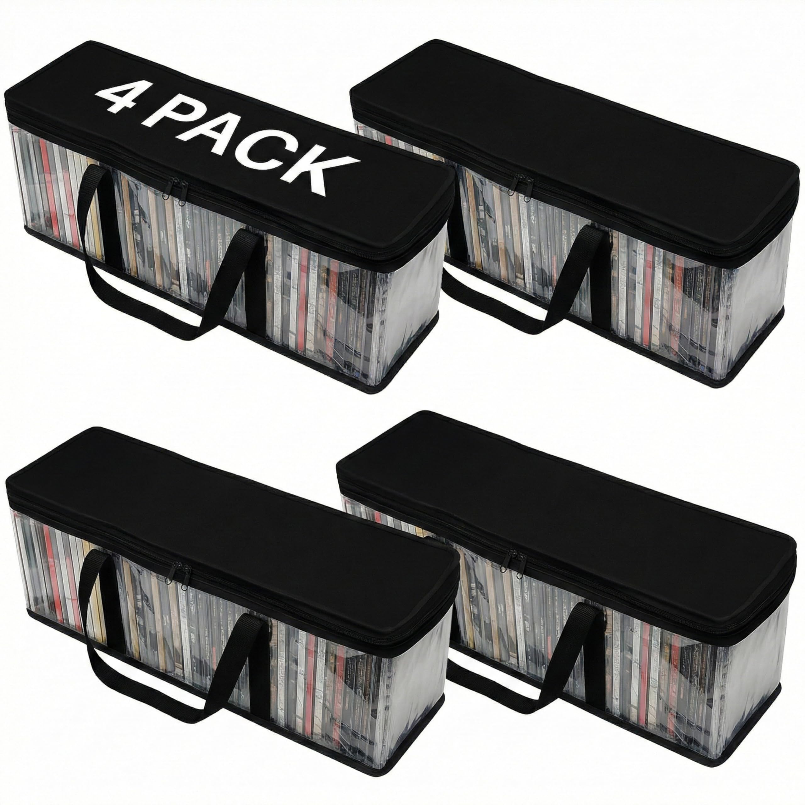 Evelots CD Storage Bags (4 Pack) Clear PVC Plastic Media Carrying Case with Zipper - Holds 200 CDs Total - Strong Handles - Protects CDs, Video Games,