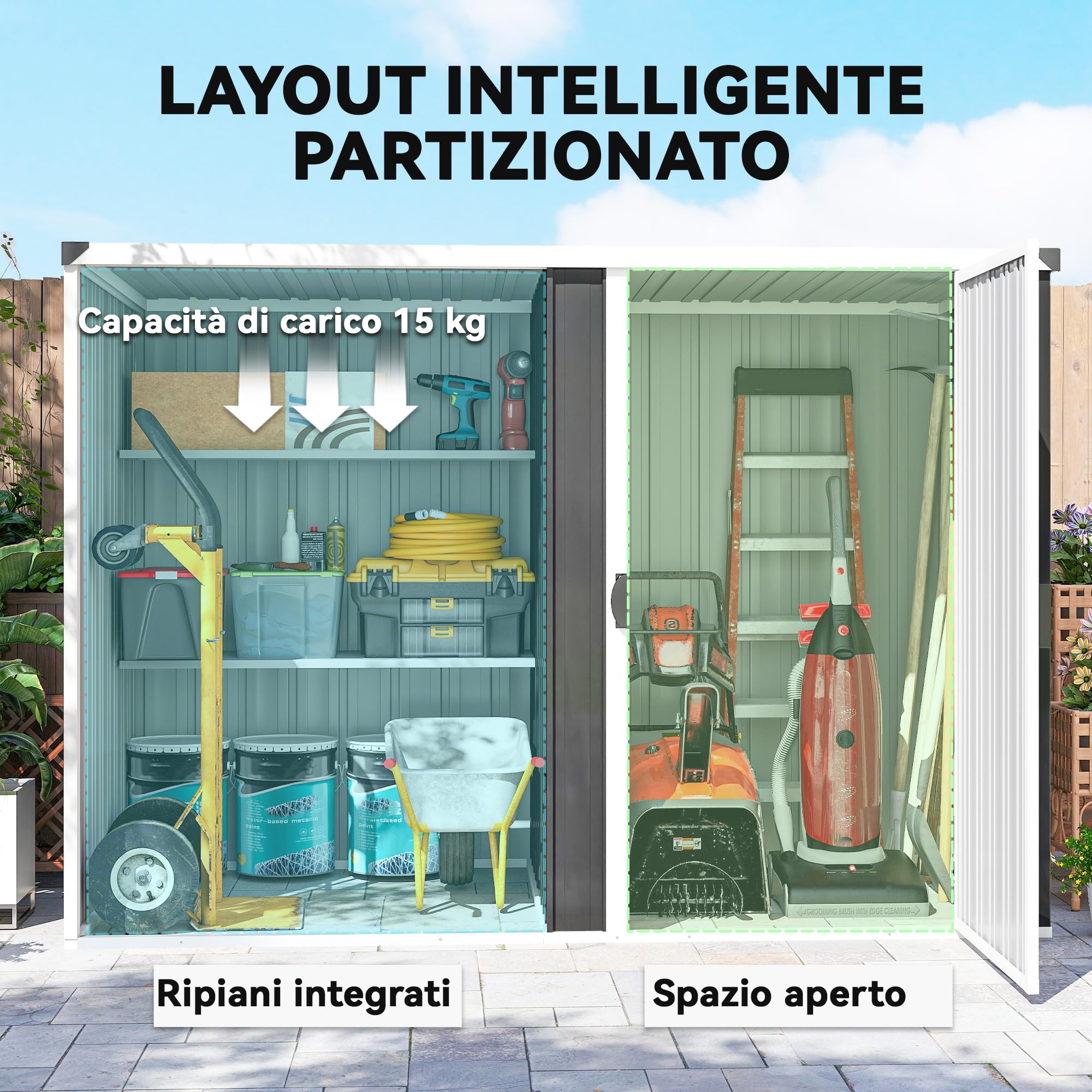 Outsunny Casetta da Giardino 2.7m² in Acciaio Zincato Design Layout Diviso con 2 Ripiani, Capanno da Giardino Porta Attrezzi con Porta Bloccabile, Chiavi, Tetto Inclinato, Guanti, Grigio Scuro