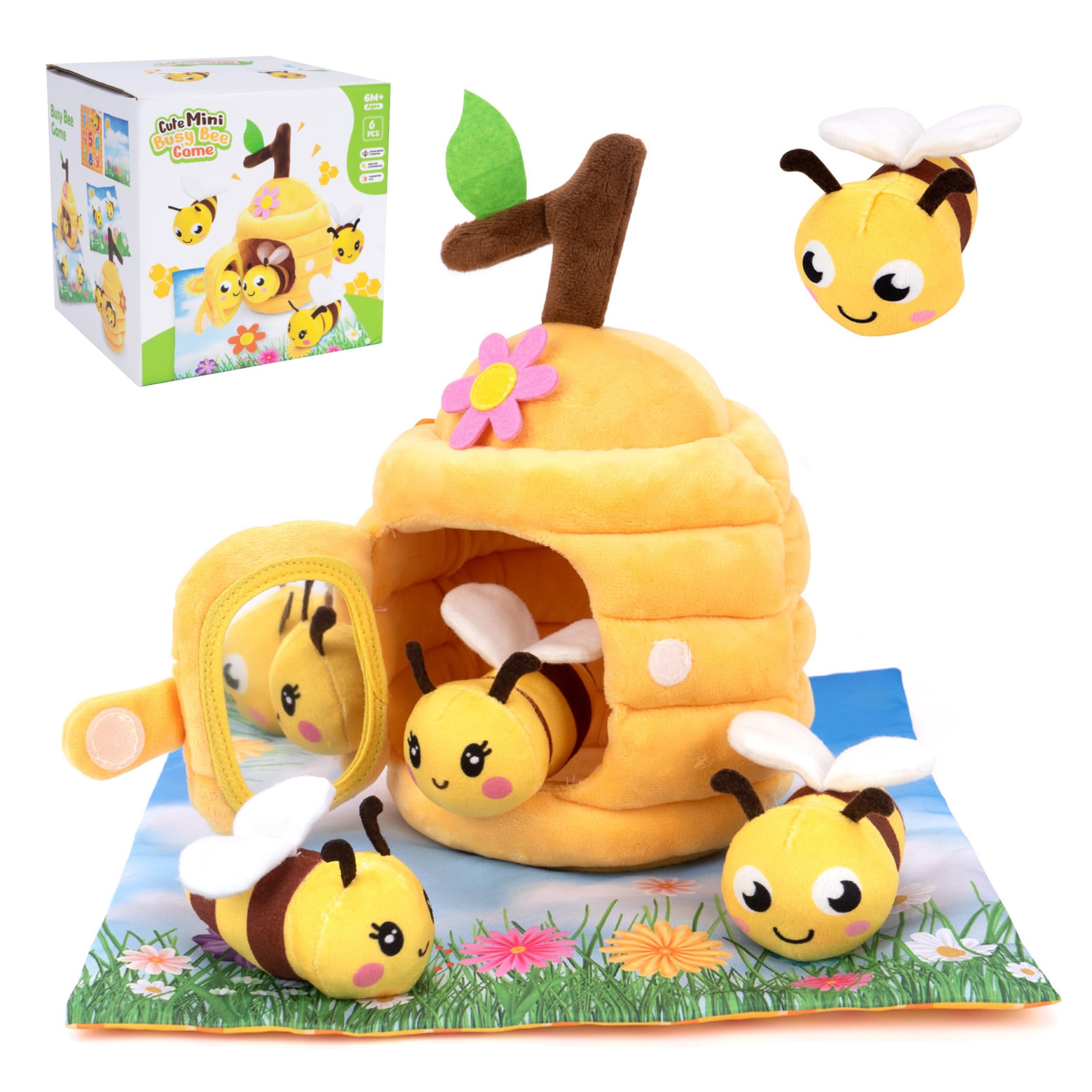 Giocattolo per, Set di Giocattoli per da 5 Pezzi, Giocattoli sensoriali Montessori per Bambini con fienile, sonaglio e Specchio, per Bambini per 1 Anno, Giallo